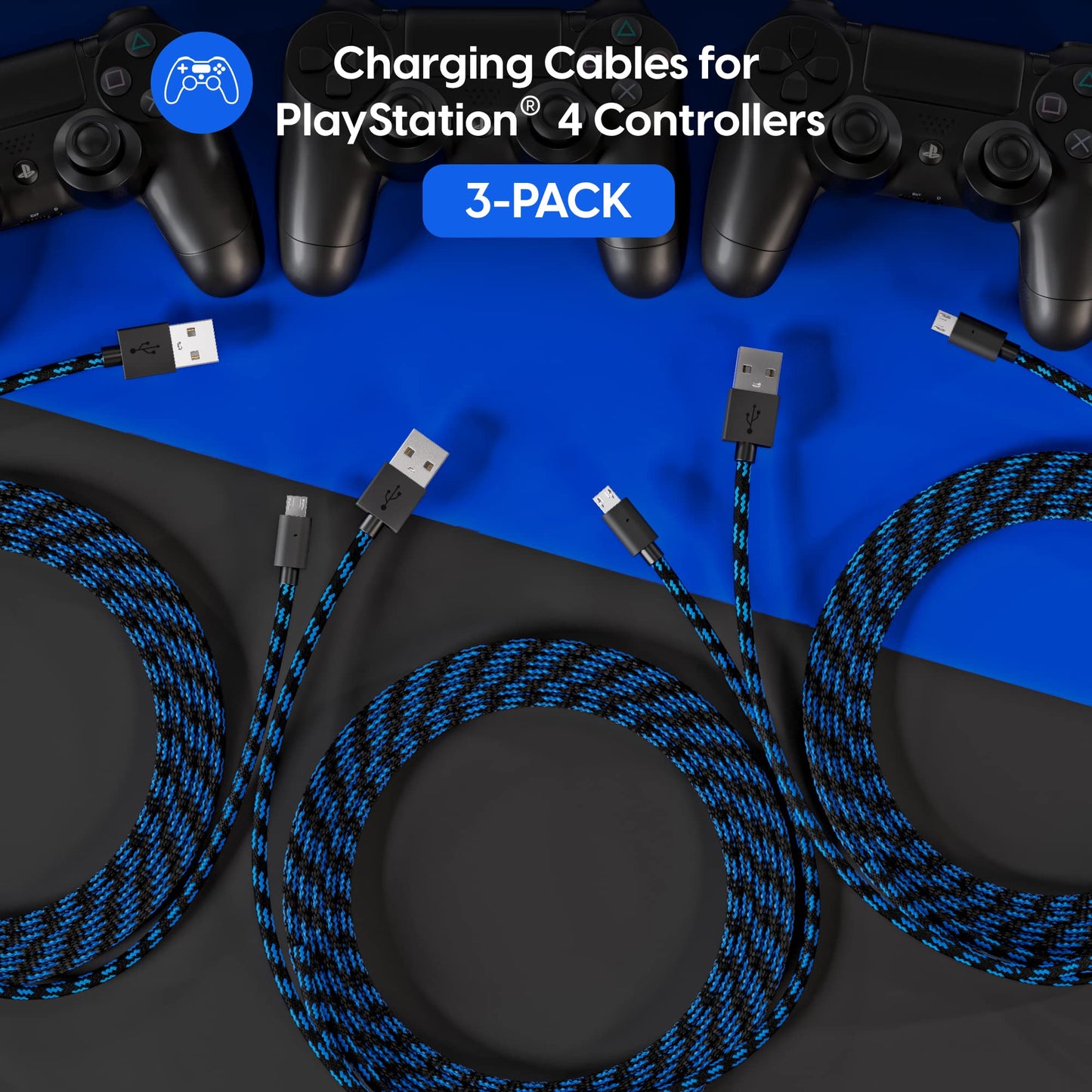 TalkWorks Micro USB Controller Charger Cable for PlayStation 4-6-Foot Long Braided Heavy-Duty Fast Charger Cord for PS4, Blue-Black (3 Pack)