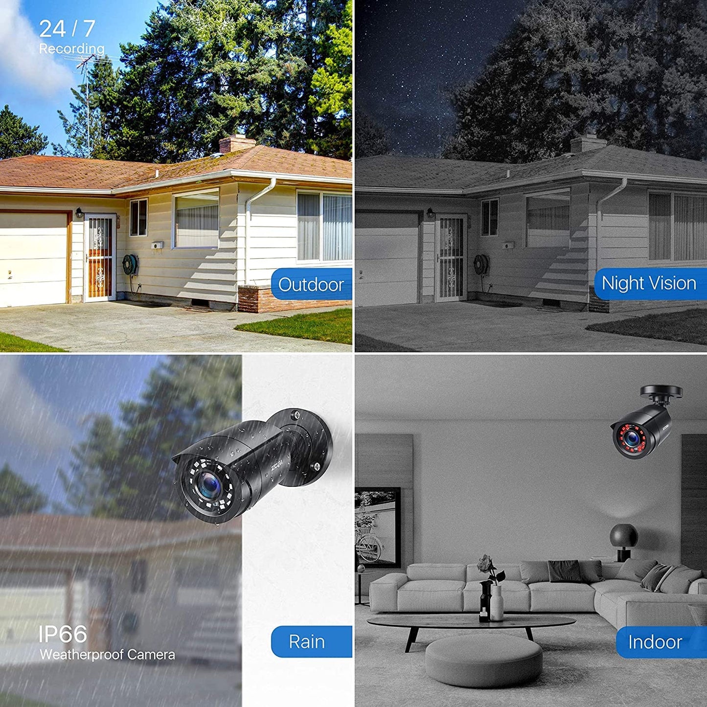 ZOSI 4 Pack 2MP 1080p HD-TVI Home Security Camera Outdoor Indoor 1920TVL, 24PCS LEDs, 80ft Night Vision, 90°View Angle, Weatherproof Outside