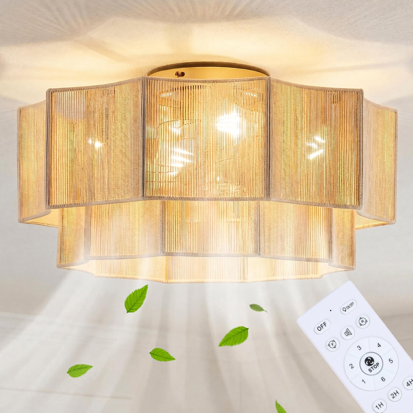 Bewishing Hand-Woven Bohemian Ceiling Fan with Light, 20" Hexagonal Flush Mount Cotton Fan, Quiet DC Motor with Remote, 6-Speed Reversible Airflow