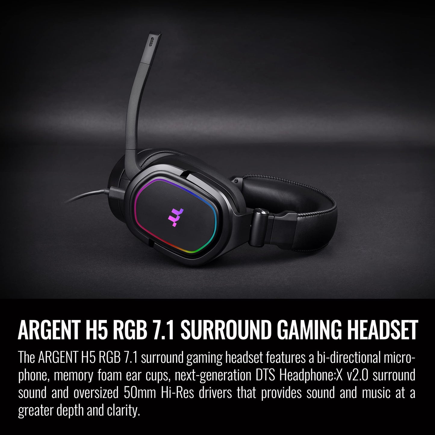 Thermaltake Argent H5 RGB 7.1 Surround Gaming Headset, 50mm Hi-Res Drivers, Compatible with PC, Xbox One, PS4, Mac, Mobile and Nintendo Switch, Black