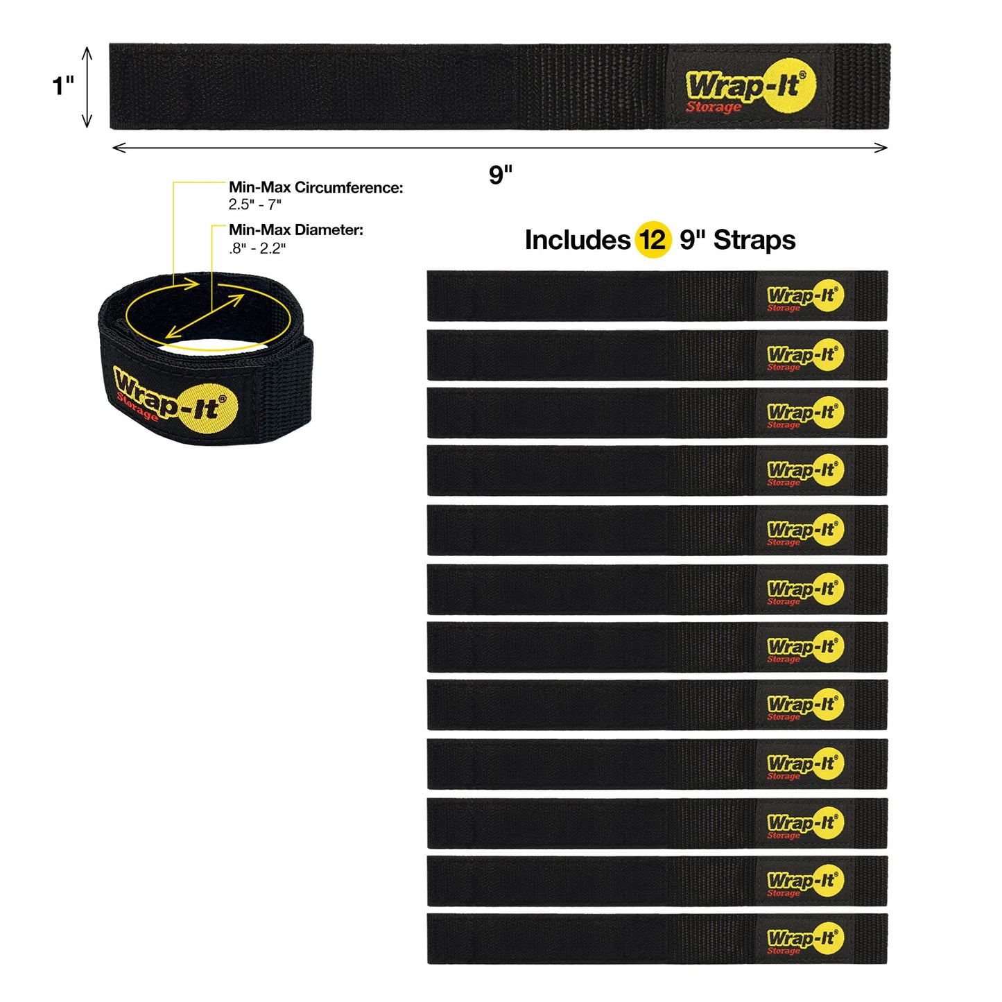 Quick-Straps by Wrap-It Storage - 9” (12-Pack) Black - Hook and Loop Straps for Hose and Cord Storage and Organization