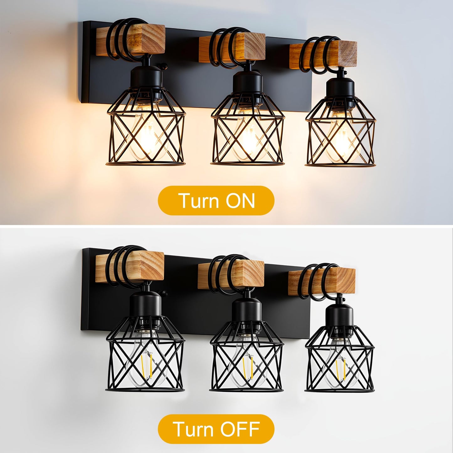 3-Light Farmhouse Bathroom Vanity Light Fixture Over Mirror, Rustic Wood & Black Metal Cage Bathroom Wall Light, E26 Vanity Lighting for Bathroom
