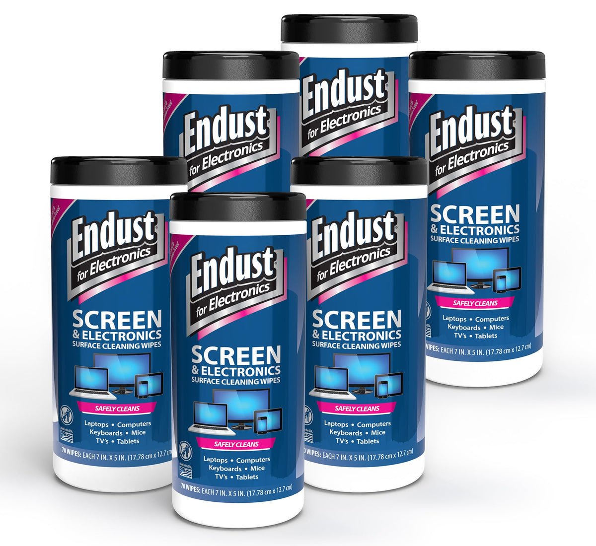 Endust For Electronics; Screen & Surface Cleaning Wipes, For TV, Phone, Computer Monitor, Laptop, Tablet, Pre-Moistened, Alcohol and Ammonia Free, 70 Count, 6 Pack (11506P6)