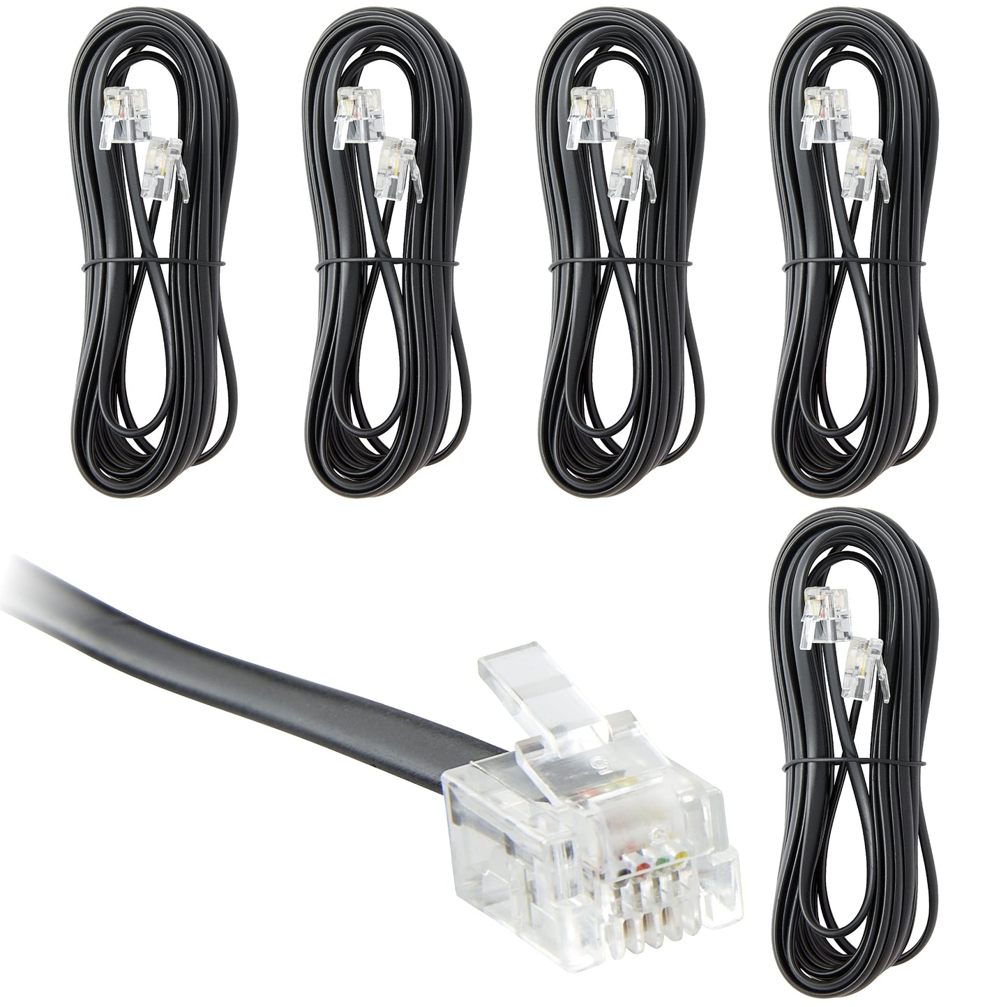 Newhouse Hardware 15 ft Telephone Extension Cord, with RJ11 (6P4C) Connectors, Works with Telephones, Fax Machines, Modems, 5-Pack, Black