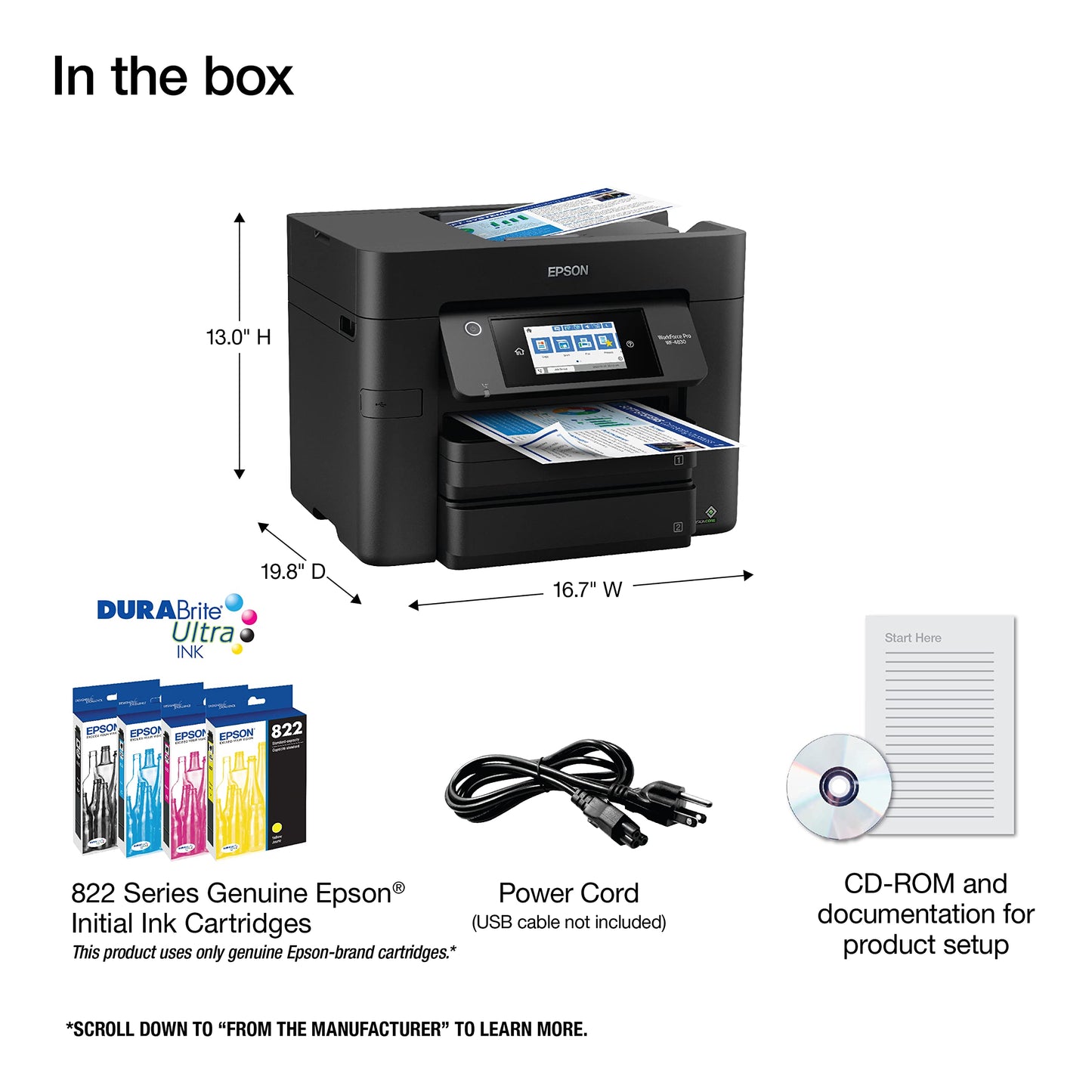 Epson Workforce Pro WF-4830 Wireless All-in-One Printer, Auto 2-Sided Print Copy, Scan/Fax, 50-Page ADF, 500-sheet Paper Capacity, and 4.3" Color
