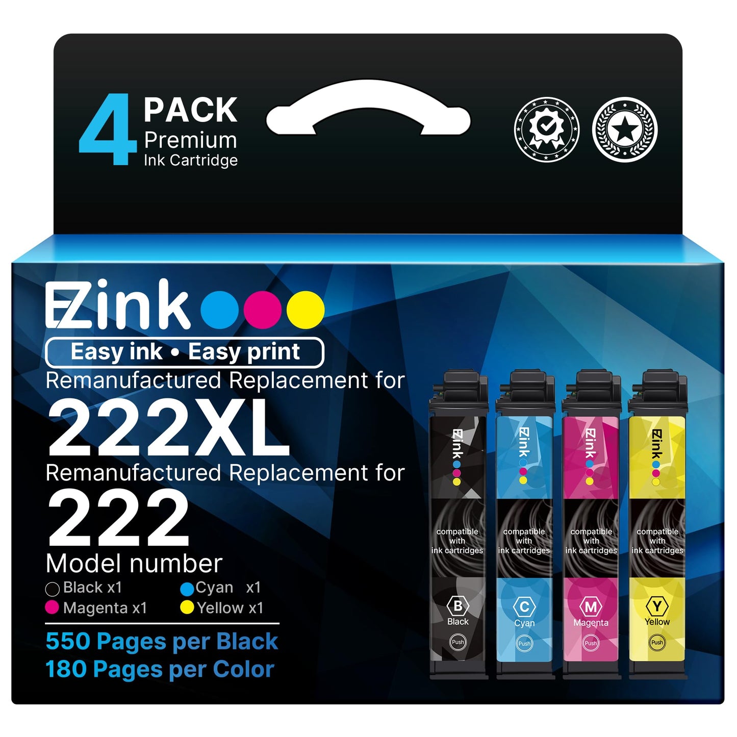 E-Z Ink Remanufactured Replacement for 222XL Ink Cartridges Combo Pack