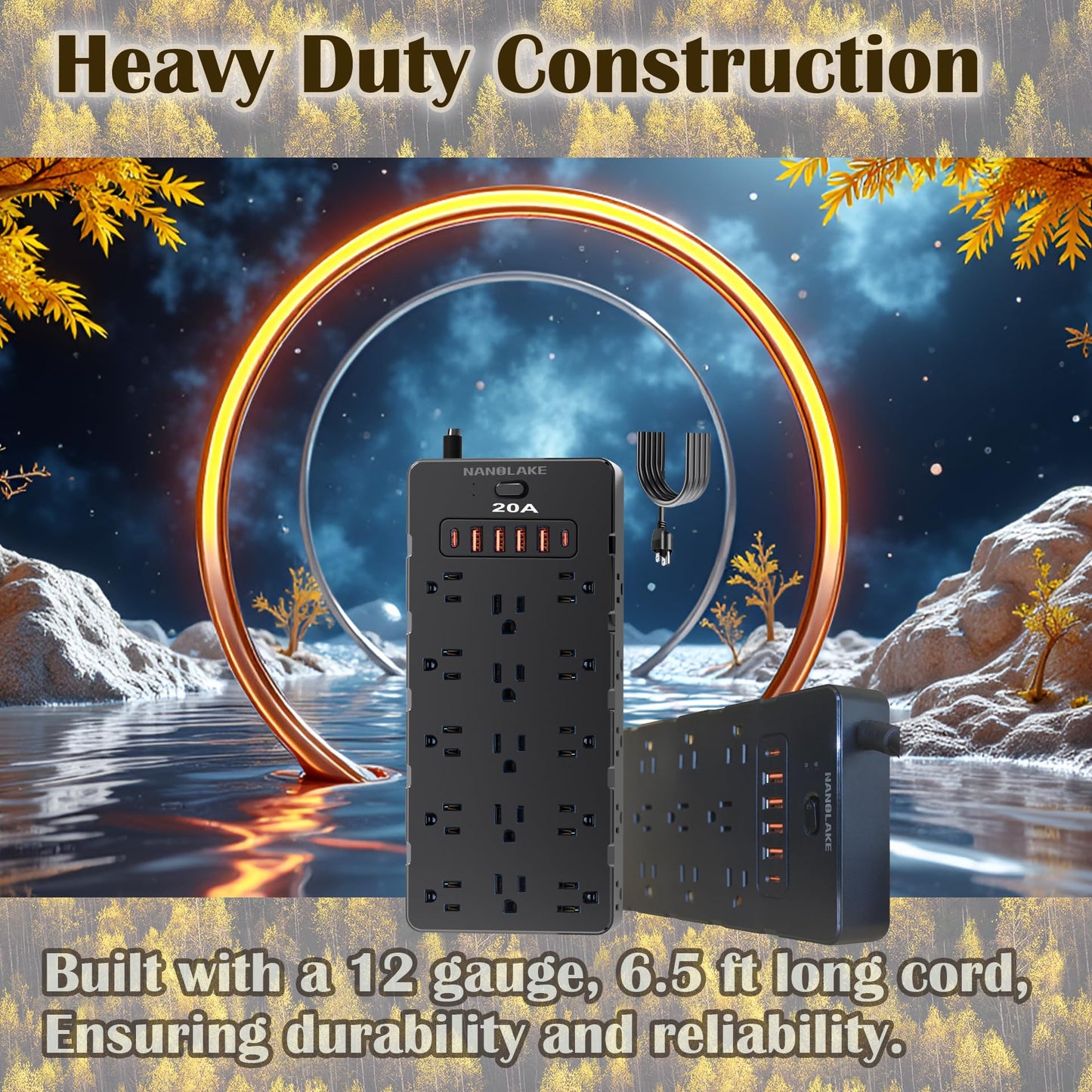 Nanolake 20 Amp Power Strip Surge Protector,Heavy Duty 12 Gauge 6.5 ft Cord/25 AC Outlets/4 USB A/2USB C/4000 Joules Surge