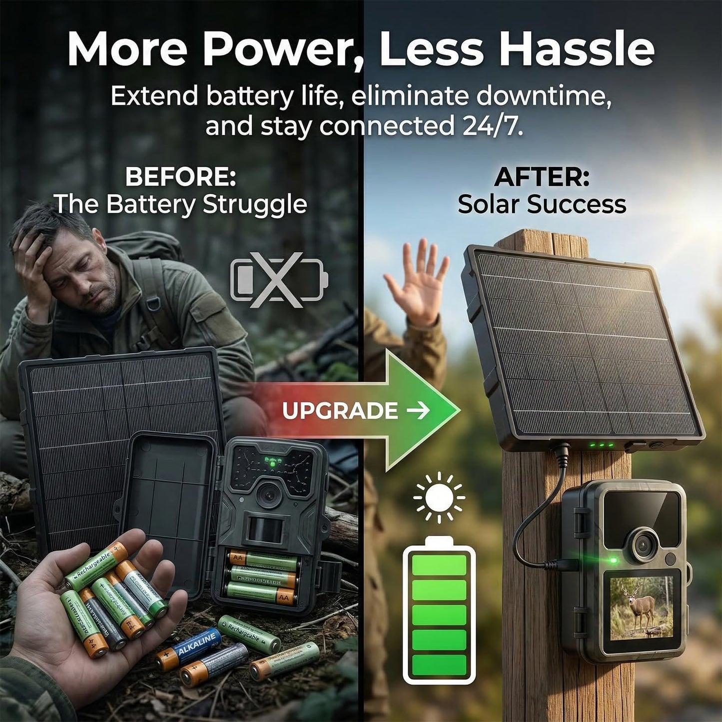 Solar Panel Charger Compatible with Reveal Cellular Trail Cameras X 2.0, X 3.0, X Pro 3.0, Gen 1, SK, XB | 12V Solar Power Supply with Built-in