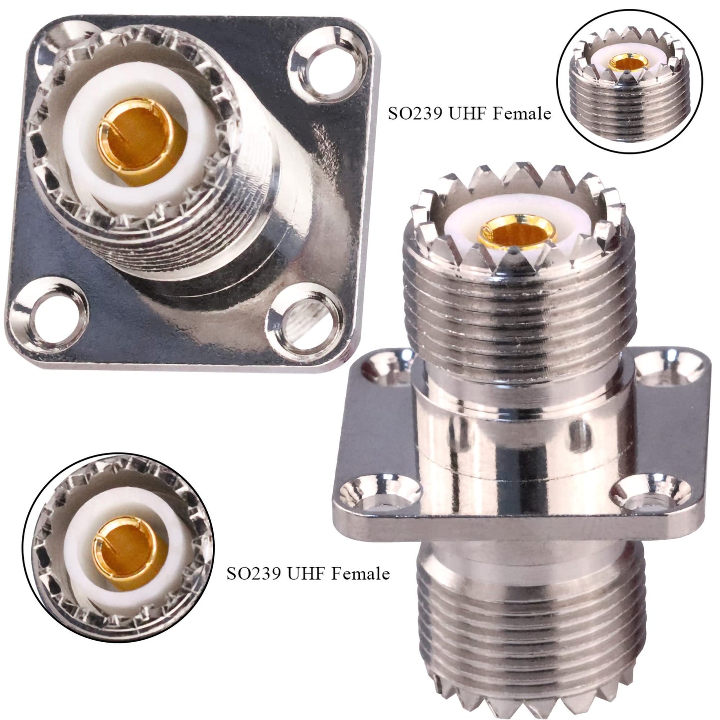 TUOLNK UHF Female to UHF Female 4-Hole Flange Panel Chassis Mount Connector SO239 PL259 Coax Jumper Cable Connector RF Solder Coaxial Adapter Pack