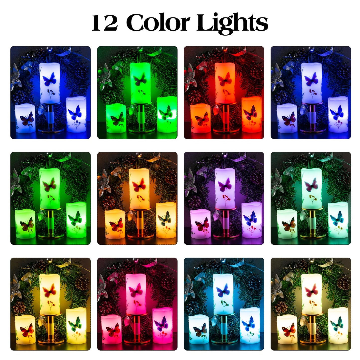 UNIVELA Candles Set of 3 Flameless 4" 5" 6" Unscented Tealight Butterfly Flower Plants Decor Real Wax Pillar Candle LED Lights 12 Color Changing 4H 8H
