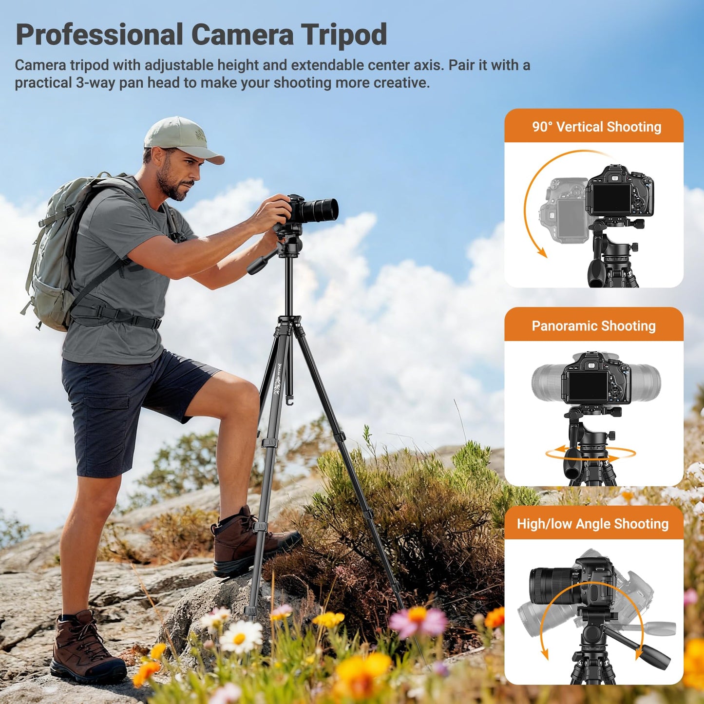 Joilcan 66" Travel Tripod for Camera, Aluminum Compact Tripod with Pan Head, Detachable Center Axis, Cell Phone Holder & Carry Bag, Max Load 22lbs