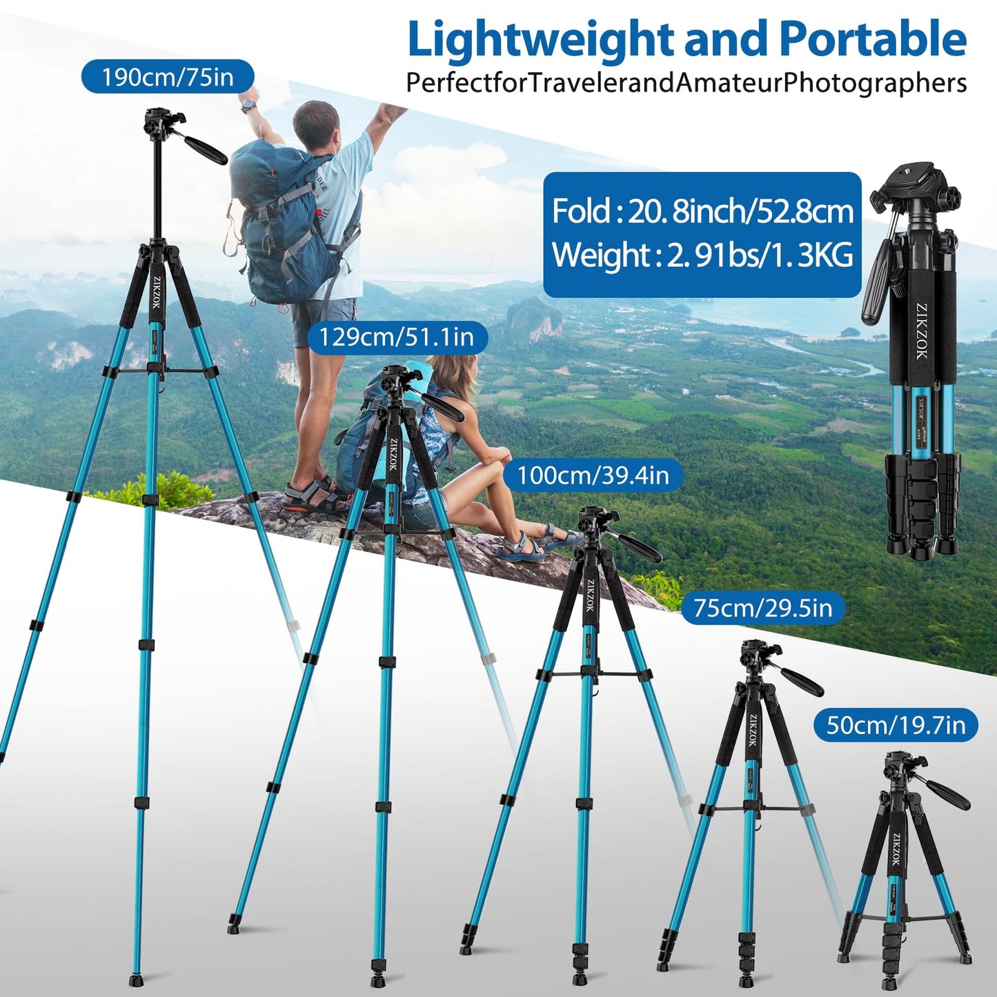 75" Heavy Duty Camera Tripod Stand with Bluetooth Remote - Max Load 15LB, Aluminum Travel Tripod for DSLR/Phone/Tablet/Projector, 3-Way Pan Head