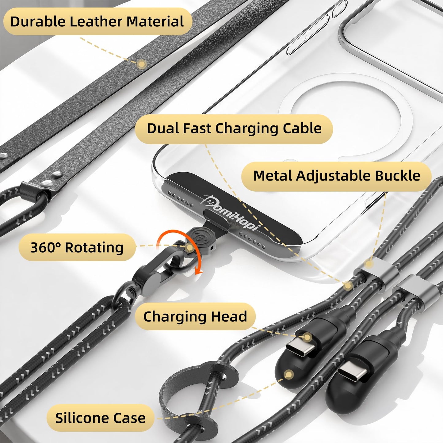 DomiHapi Phone Lanyard, 65W Fast Charging USB-C Data Cable Lanyard, Adjustable Crossbody Neck Strap, Anti-Loss Neck Lanyard, Compatible with iPhone