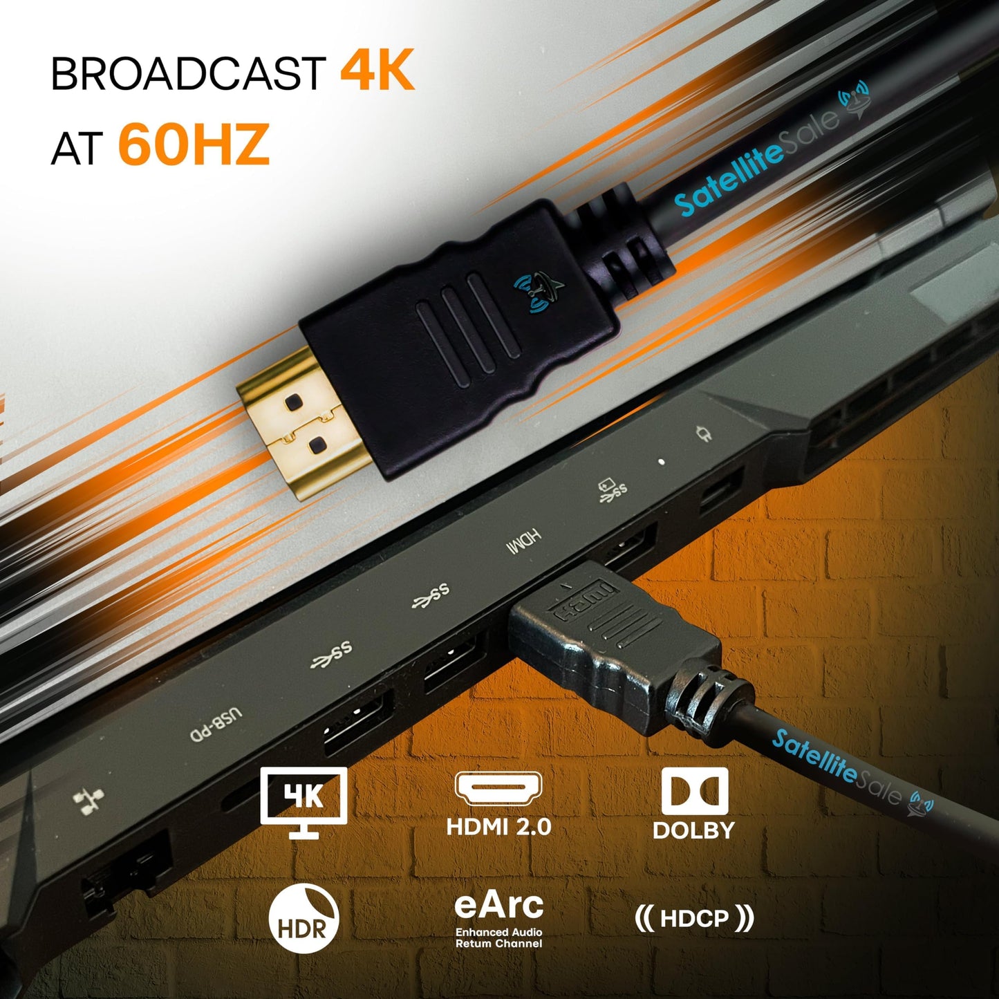 SatelliteSale Digital High-Speed 2.0 HDMI Cable 4K/60Hz 18Gbps PVC 2160p Black Cord Universal Wire 12 feet
