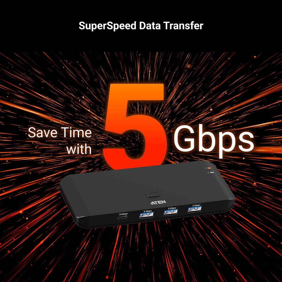 ATEN Essentials US4324 2 x 4 USB 3.2 Gen 1 Sharing Switch, Share 4 USB Peripherals Between Two Computers, 5 Gbps, Quick Switch, Compact, Remote Port