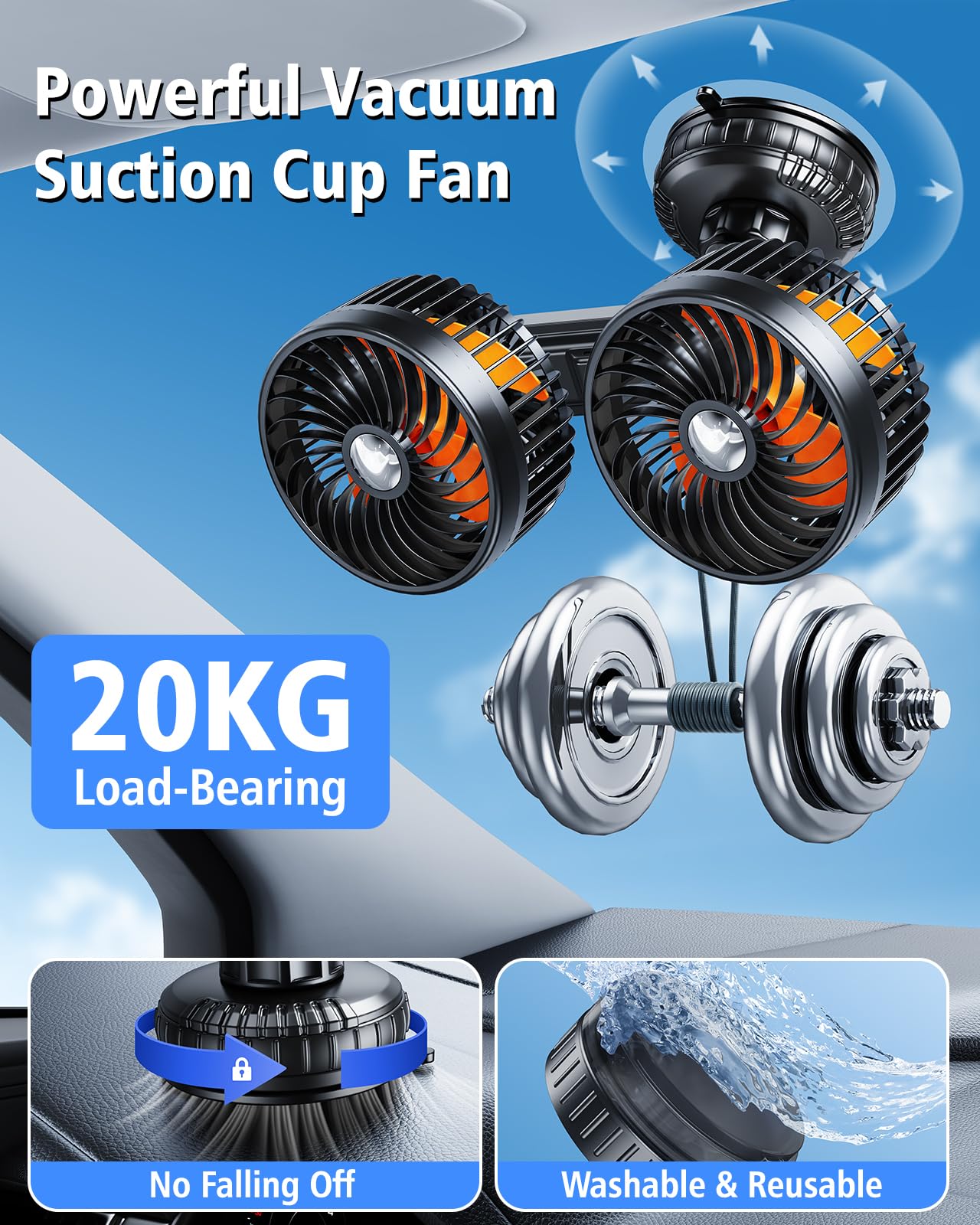 xuenair Rechargeable 4000mAh Battery Powered Fan for Car Windshield Wall