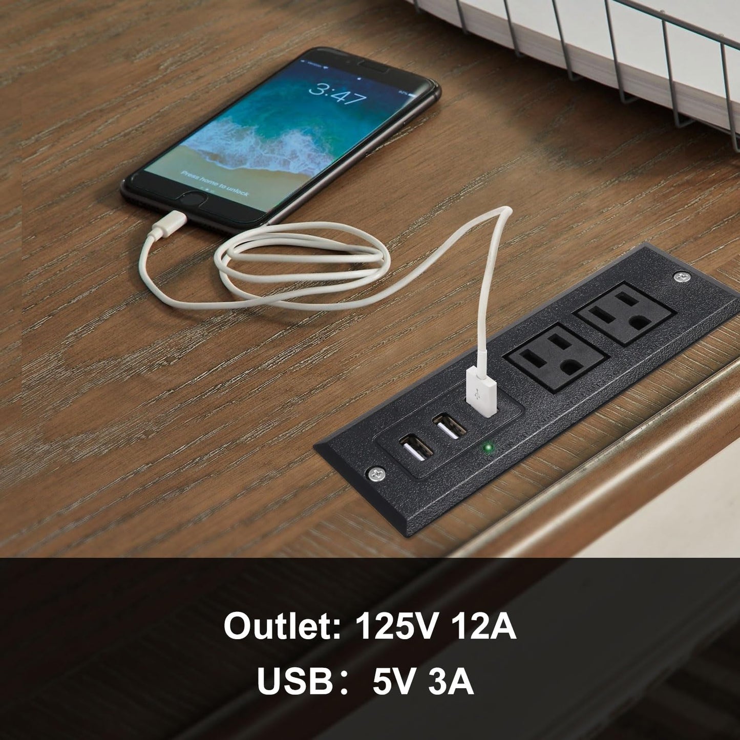 Desktop Recessed Power Strip with USB Flush Mount Power Socket 2 Outlets 3 USB Ports (15W/3A) Flat Plug Charge Station for Table Cabinet Sofa Counter