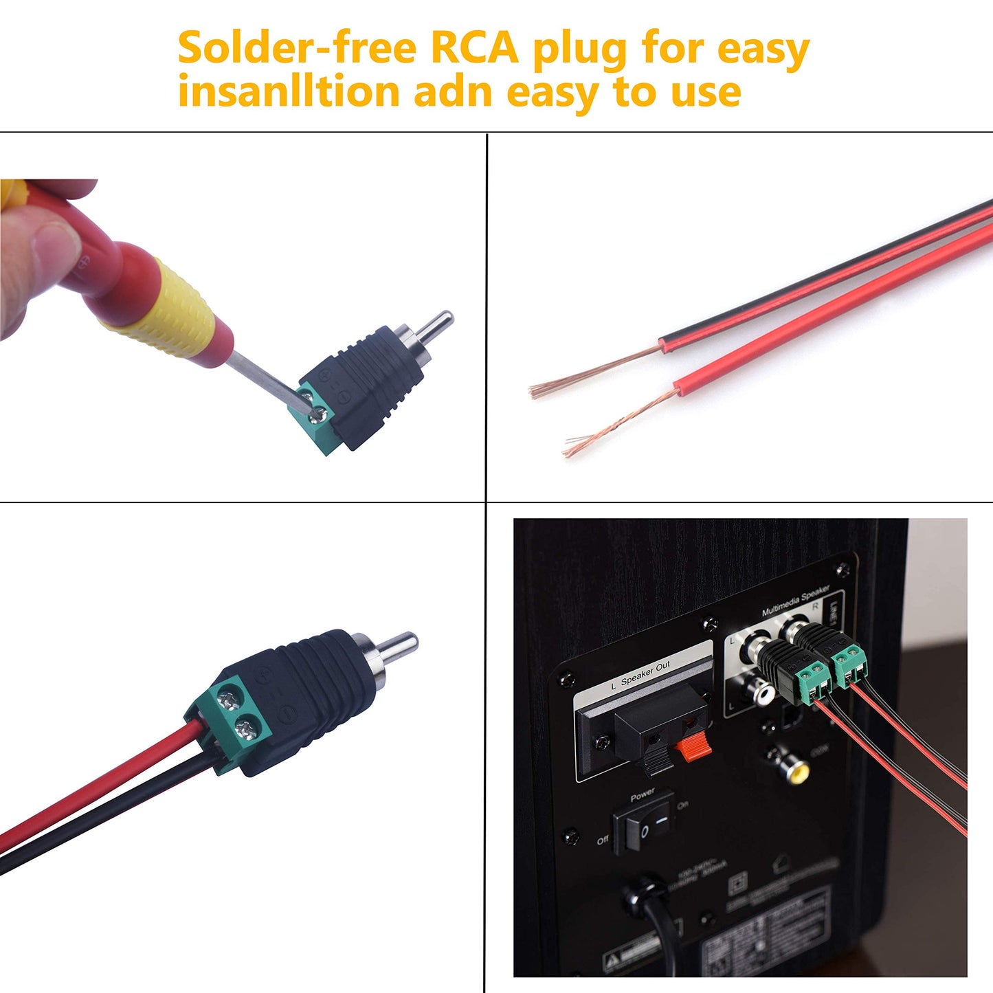 Iskueal RCA Plugs for Speaker Wire, RCA to AV Screw Terminal Connector, Phono RCA Male Plug Solderless Converter Audio/Video Speaker Wire Connectors