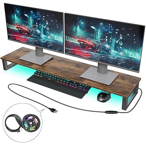 OROPY Dual LED Monitor Stand with RGB Strip Lights, 37.7" Large Computer Stand for 2 Monitors, Long Wood Desk Riser Shelf for TV, Laptop, Printer