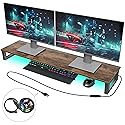 OROPY Dual LED Monitor Stand with RGB Strip Lights, 37.7" Large Computer Stand for 2 Monitors, Long Wood Desk Riser Shelf for TV, Laptop, Printer