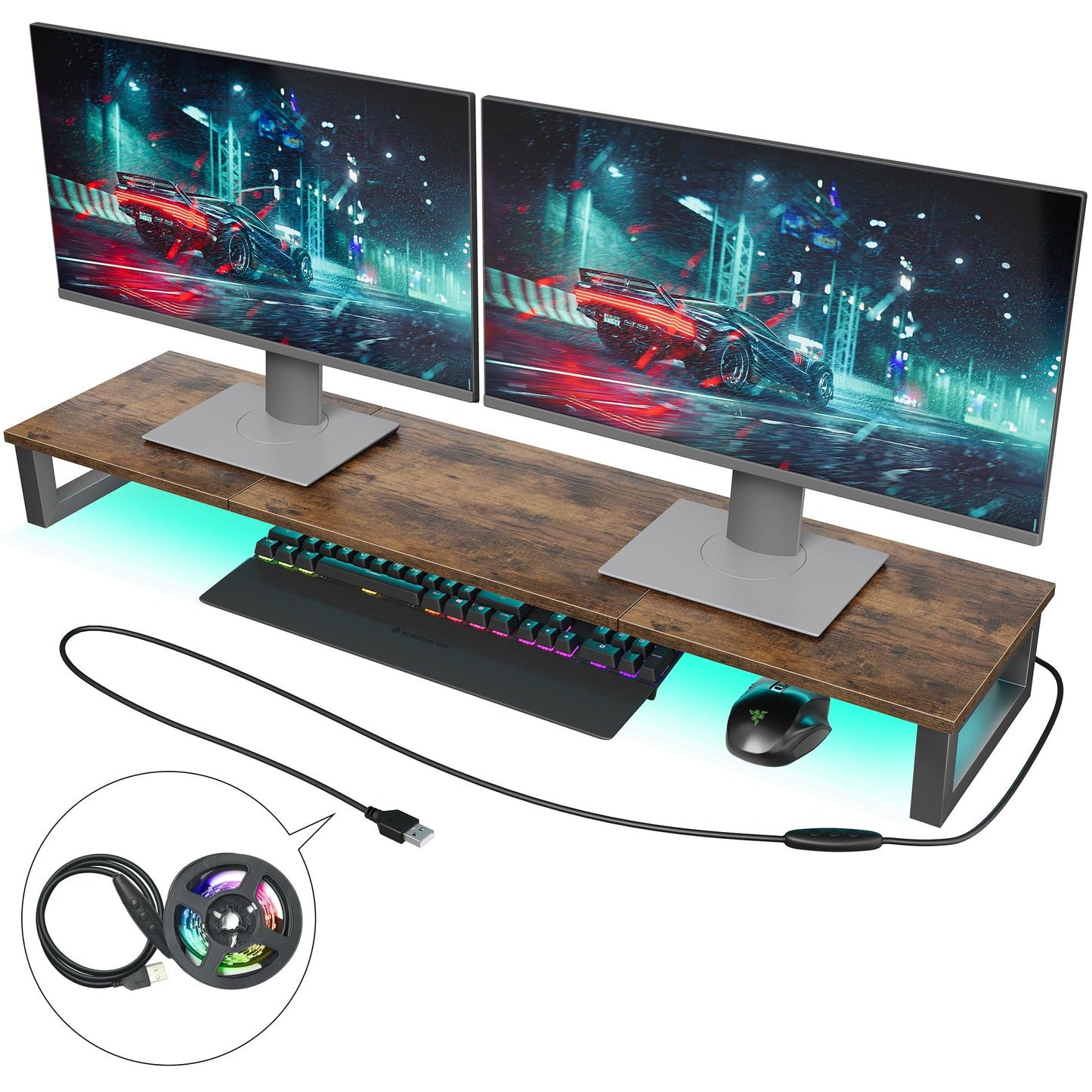 OROPY Dual LED Monitor Stand with RGB Strip Lights, 37.7" Large Computer Stand for 2 Monitors, Long Wood Desk Riser Shelf for TV, Laptop, Printer