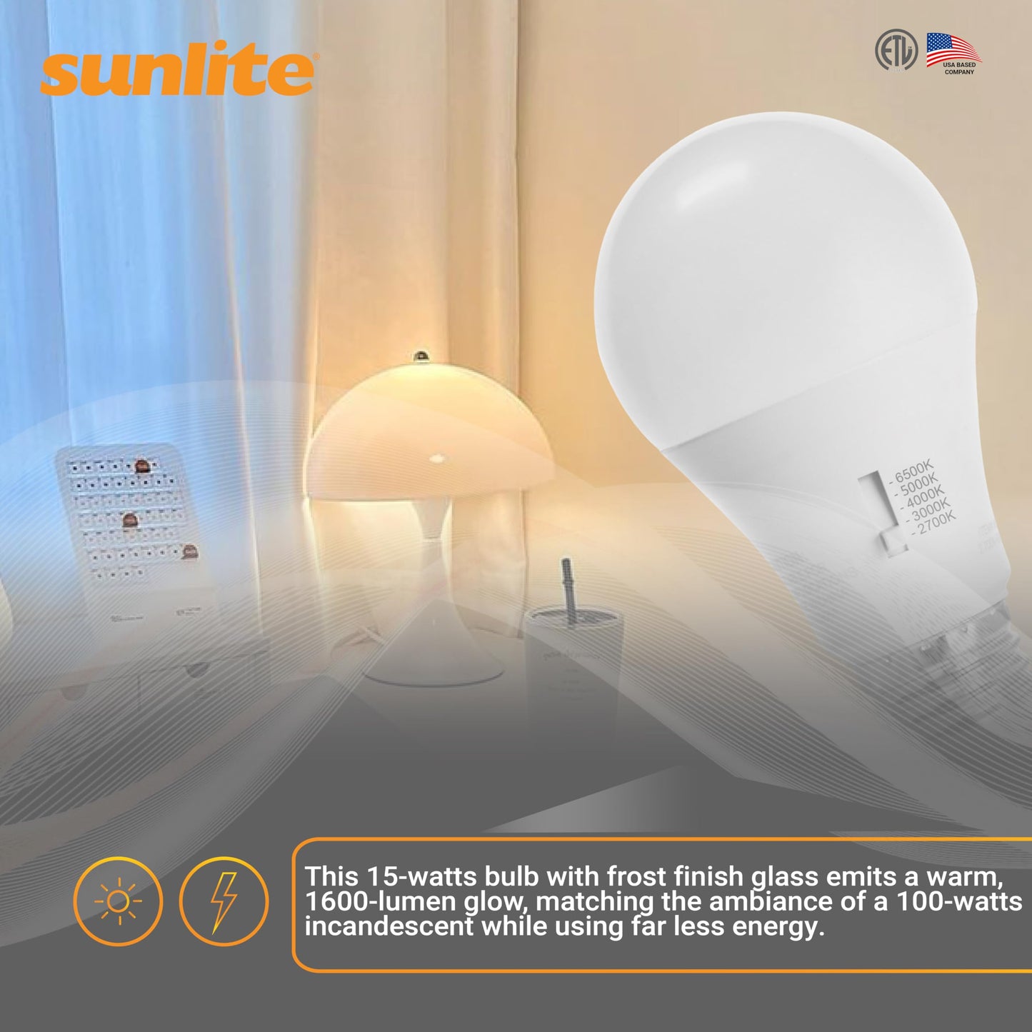 Sunlite LED A19 Light Bulbs 15 Watts E26 Medium Base, 1600 Lumens, Dimmable LED 100 Watt Equivalent Energy Efficient Lighting, ETL Listed, CCT