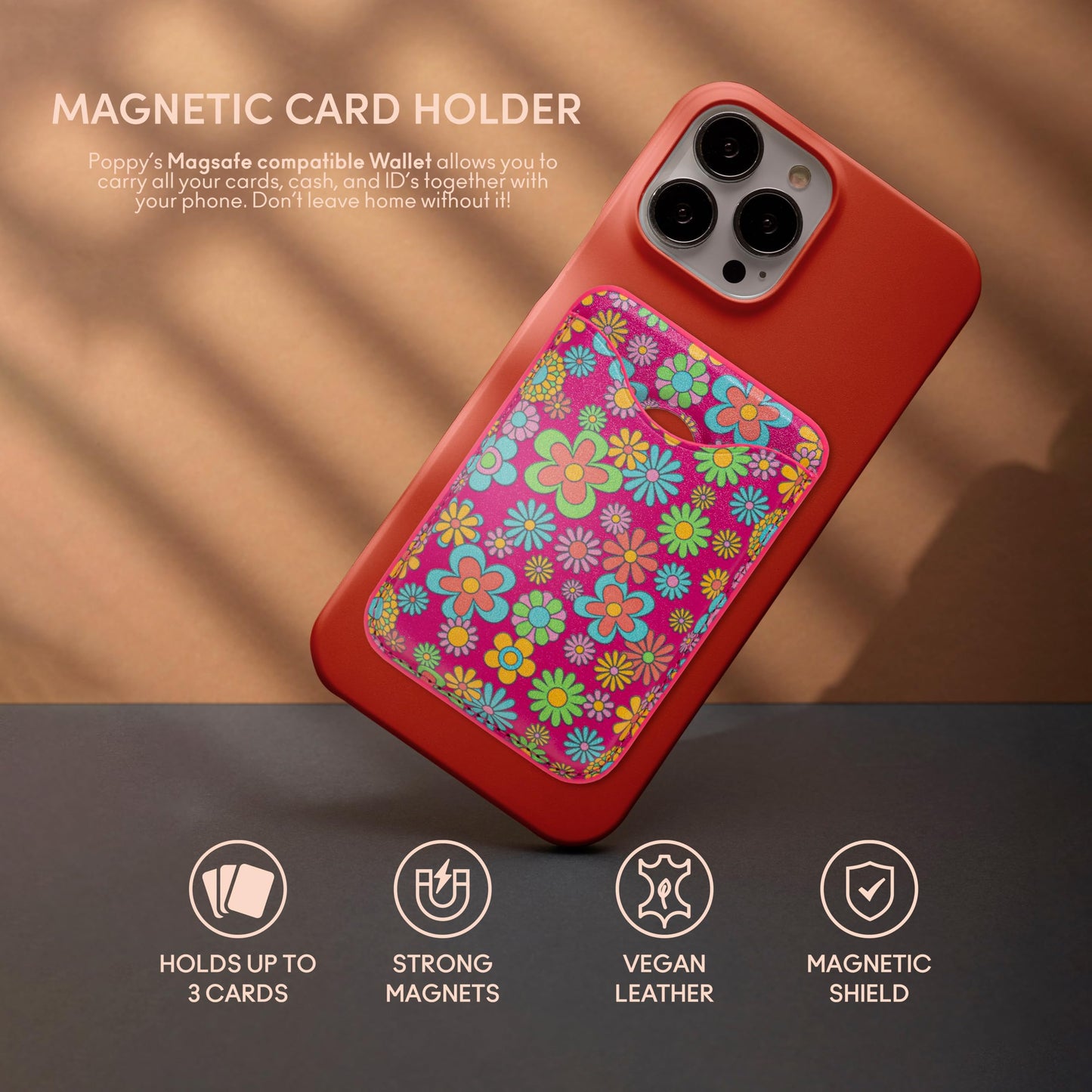 XO Poppy Cute MagSafe Wallet Magnetic Card Holder for iPhone 17 16 15 Pro Max - Slim Vegan Leather Floral Phone Wallet, Anti-Demagnetization Shield