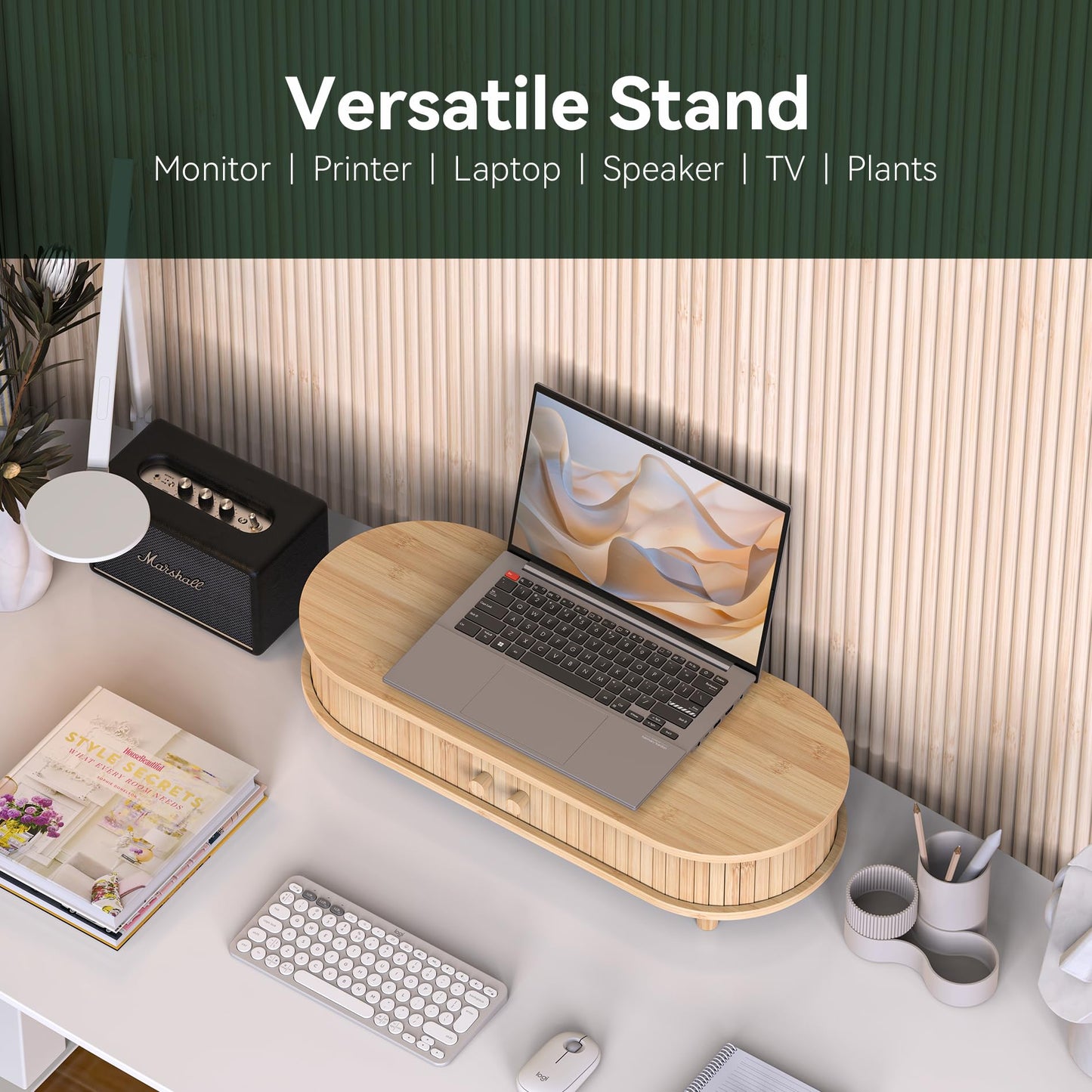 WELL WENG Bamboo Monitor Stand with Storage, Curved Computer Laptop Stand Desk Shelf Organizer with Sliding Doors (25 inch)