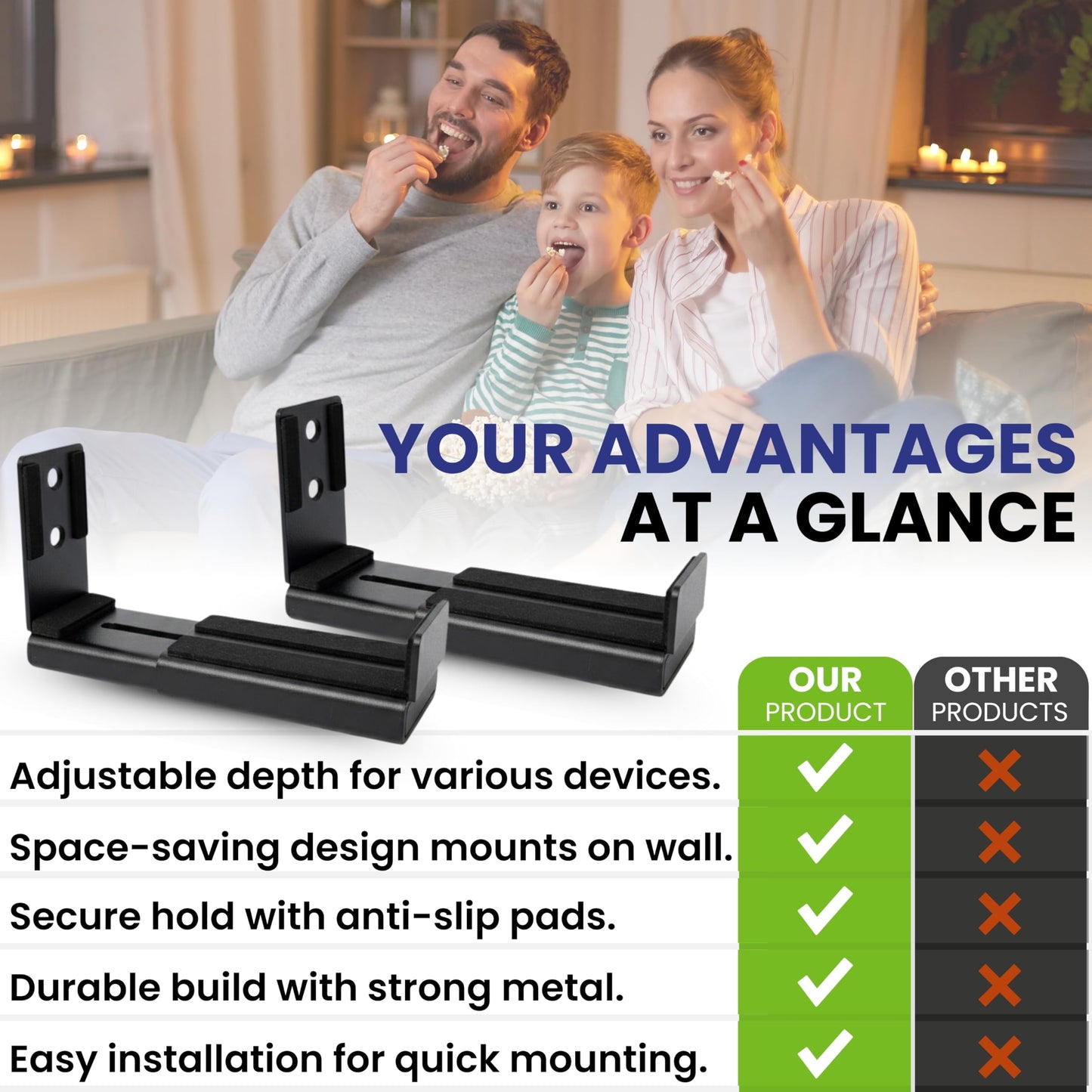 LUXTORO Premium Universal Soundbar Wall Mount Bracket, 3.5-6.1 Adjustable Depth Compatible with Samsung Bose Vizio LG Sony JBL Sonos Holds 33 lbs Full