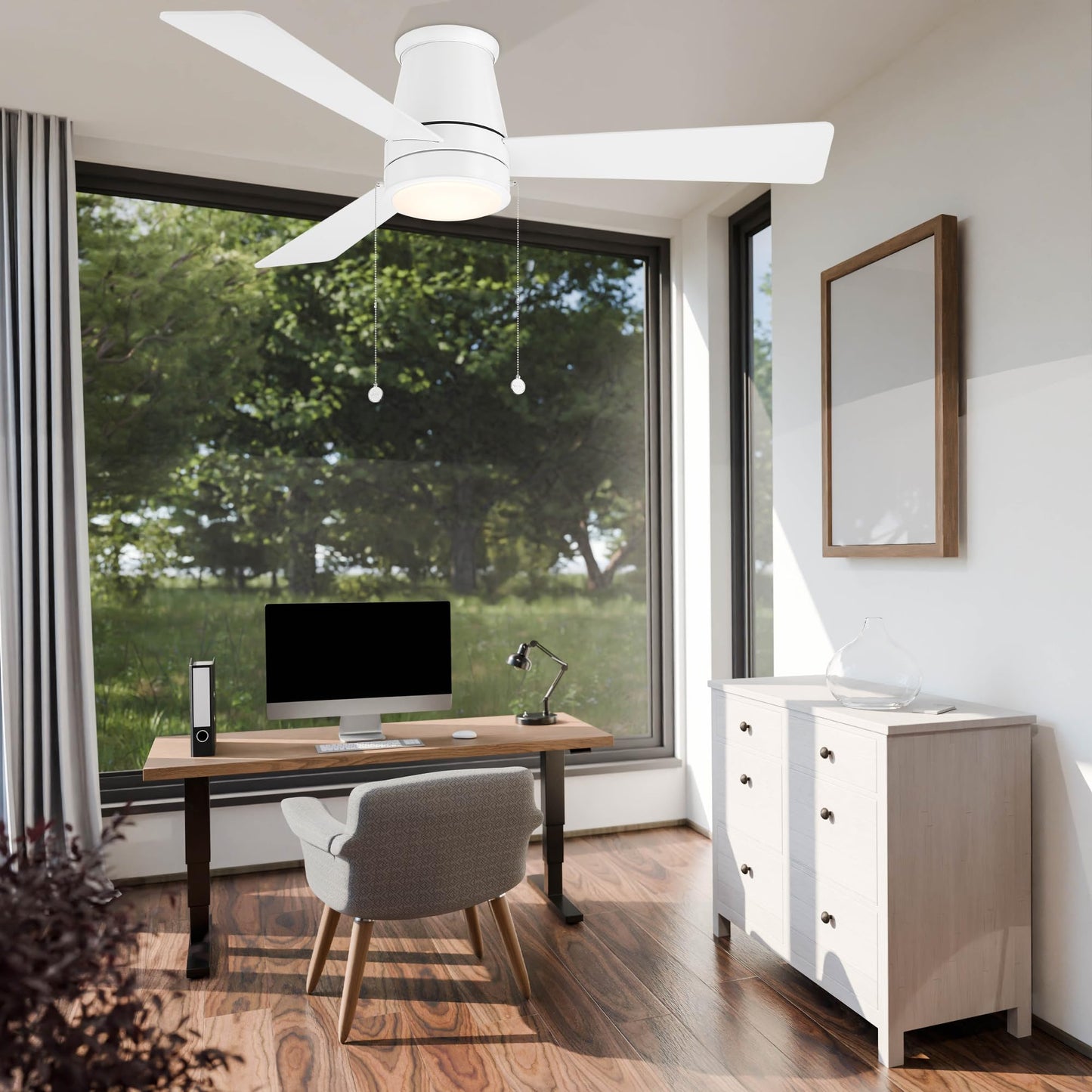 WAC Lighting Hug Indoor or Outdoor 3-Blade 42in Pull Chain Flush Mount Ceiling Fan in Matte White with Adjustable CCT 2700-3000-4000-5000K Dimmable