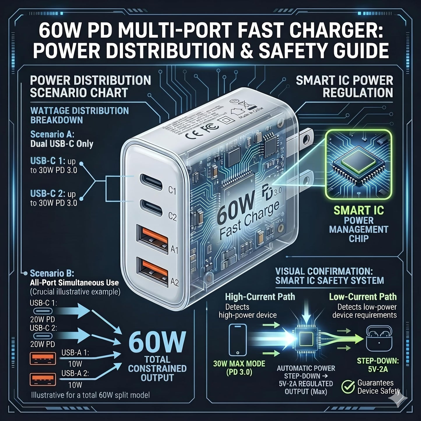 TT&C 60W USB-C Charger Block (2-Pack), 4-Port Fast Charging Hub (2 USB-C, 2 USB-A), PD 3.0 Wall Plug Compatible with iPhone 17/16/15, iPad & Samsung