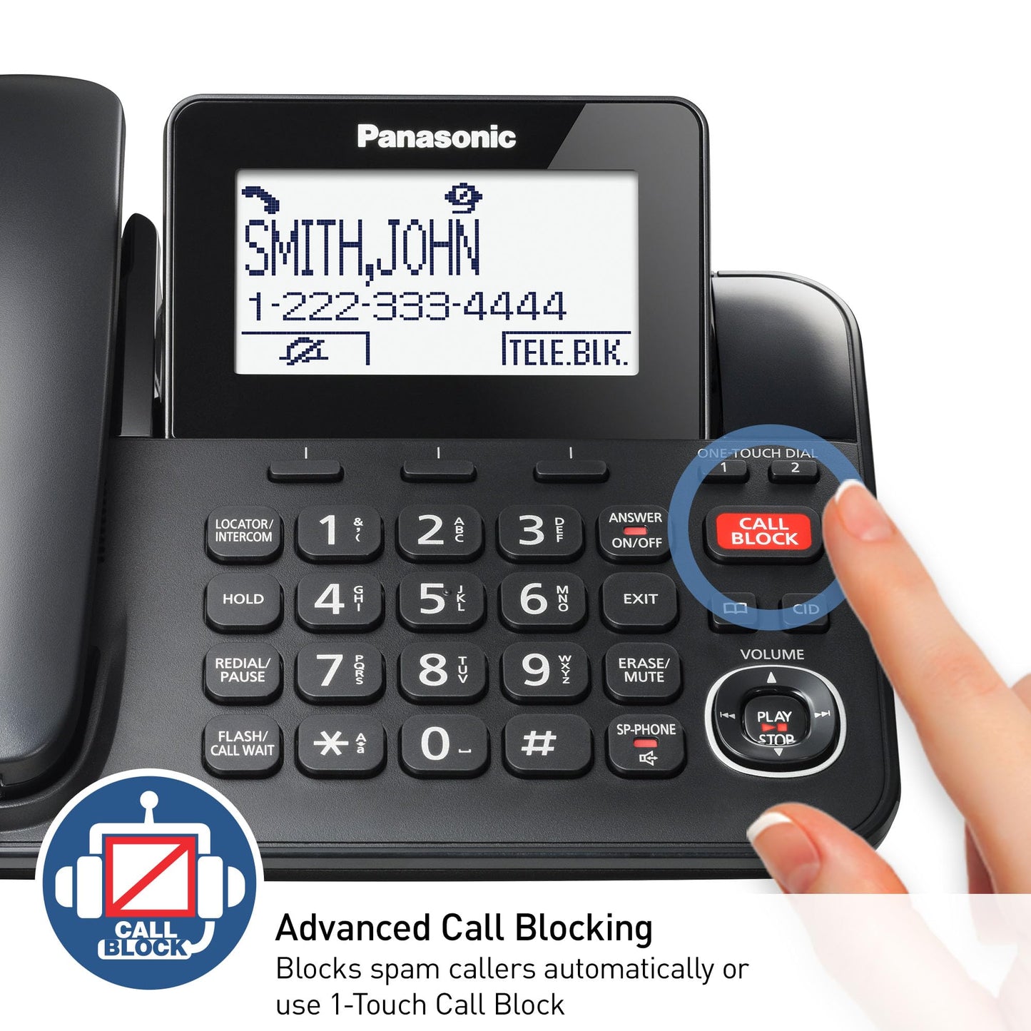 Panasonic Corded Phone/Cordless Phone with Answering Machine, Advanced Call Block and 2-Way Recording, 2 Handsets Expandable up to 6 Cordless Handsets