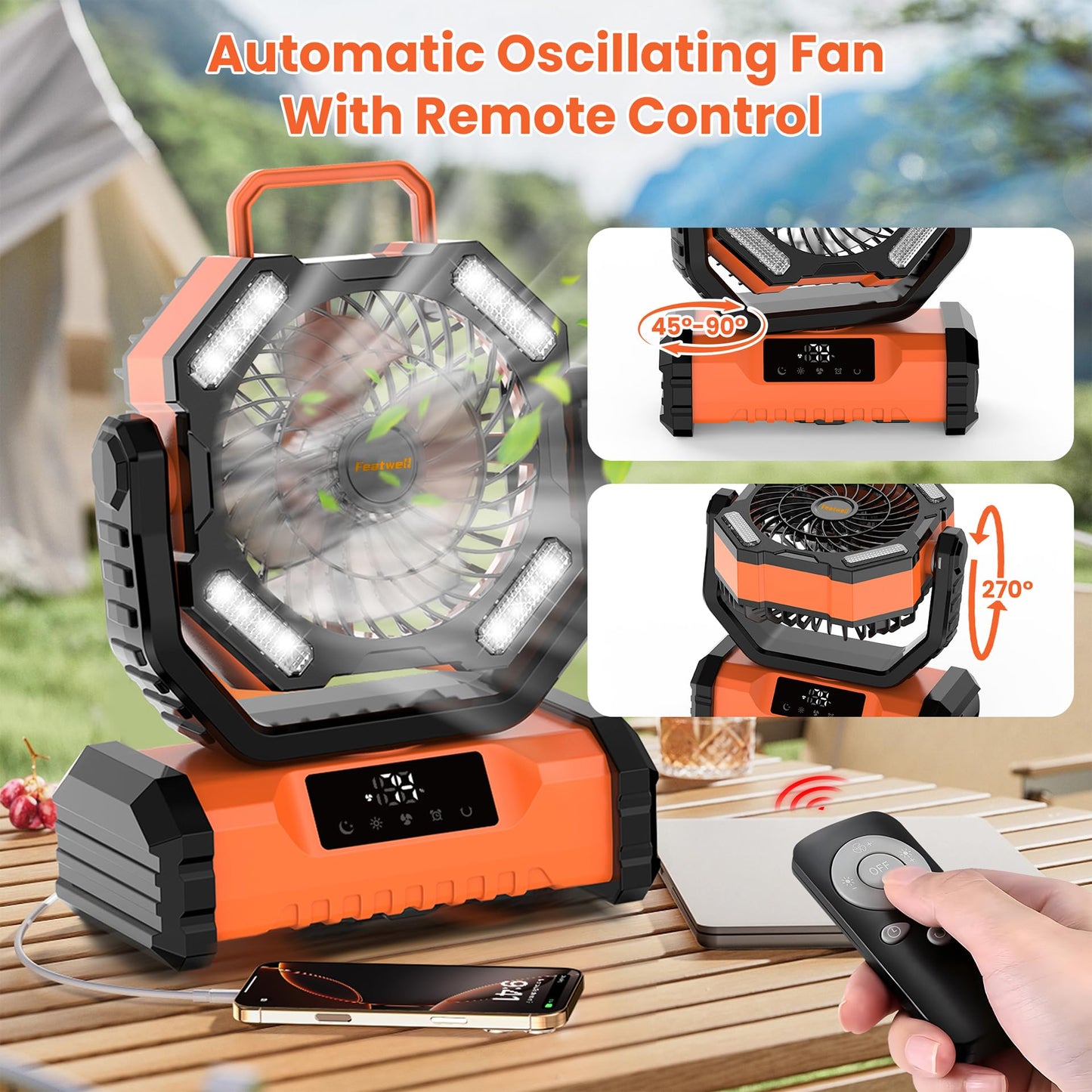 Featwell Camping Fan with Touchscreen & Built-in Light, 20000mAh Portable Fan with 5 Speeds Powerful Airflow, Ventilador Recargable for Tent, Camping