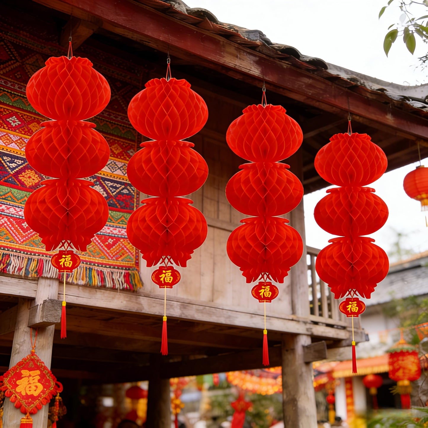KYMY 2026 Chinese & Vietnamese New Year Red Lanterns, 6PCS Spring Festival Long Hanging Lanterns, Zodiac Horse Asian Lunar New Year Party Decorations