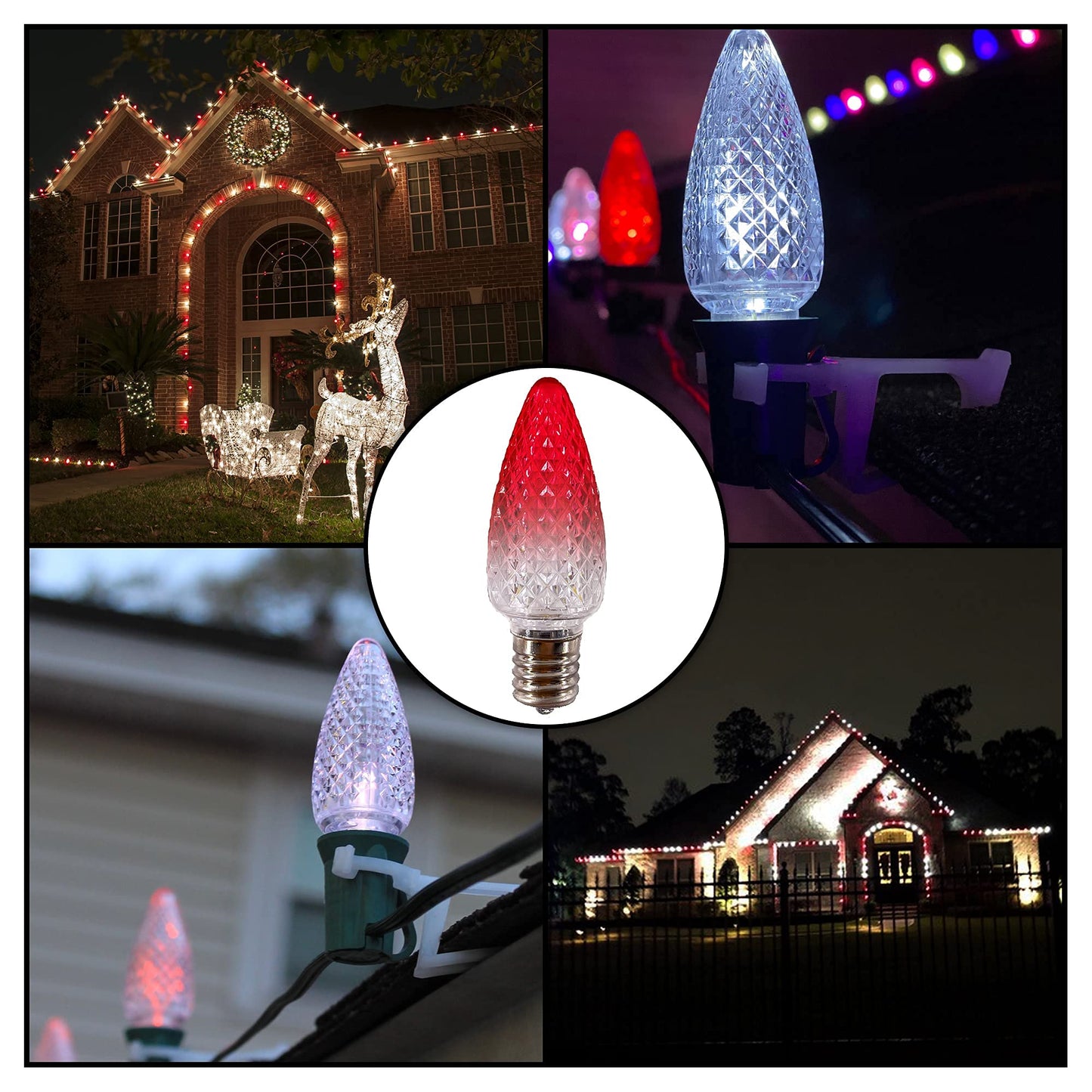 C9 Christmas Lights LED Bulb (Pack of 25) Color Changing Blinking Red & Cool White Replacement Christmas Light Bulbs Retrofit Faceted Candle Shape