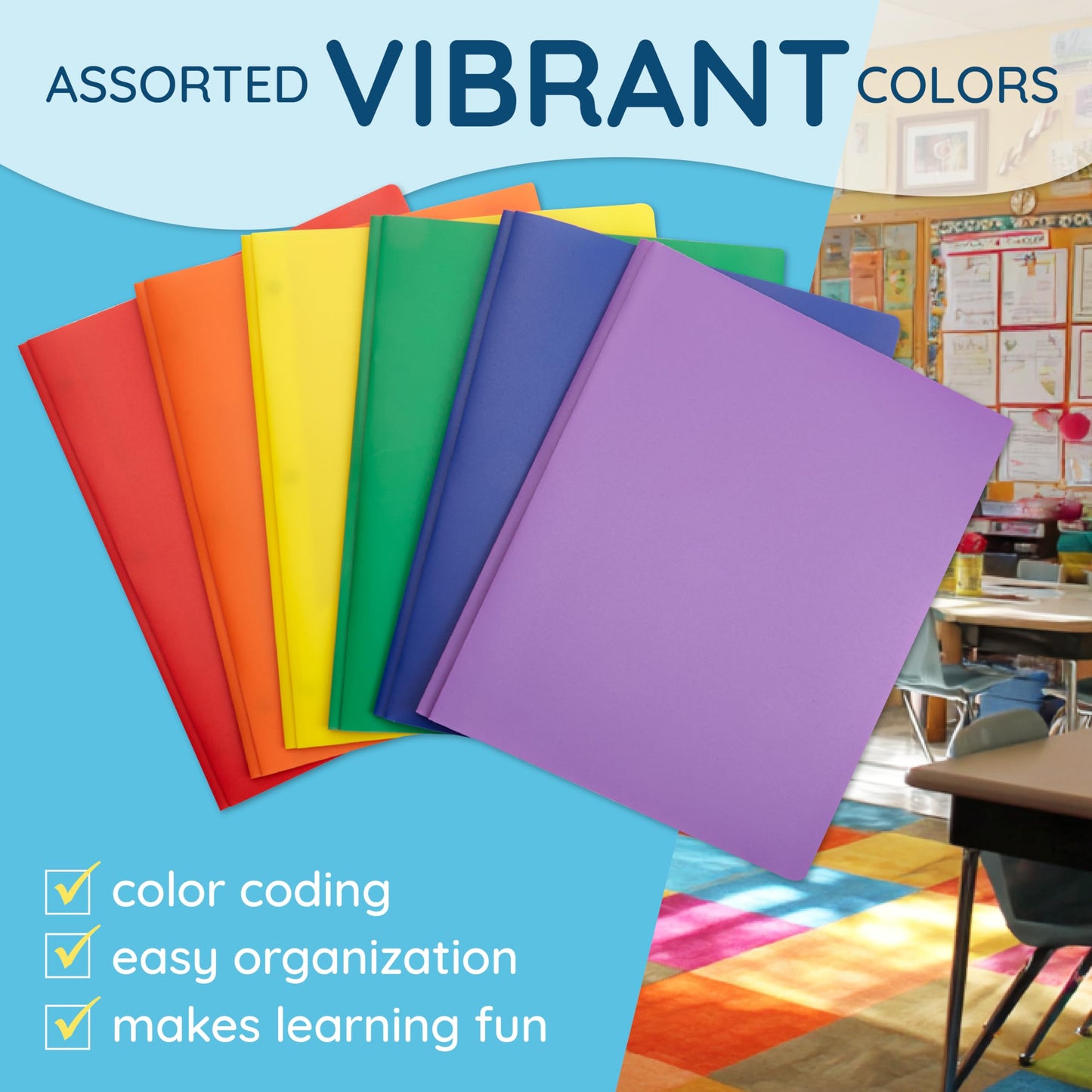 Blue Summit Supplies 6 Plastic 2 Pocket Folders with Prongs, Assorted