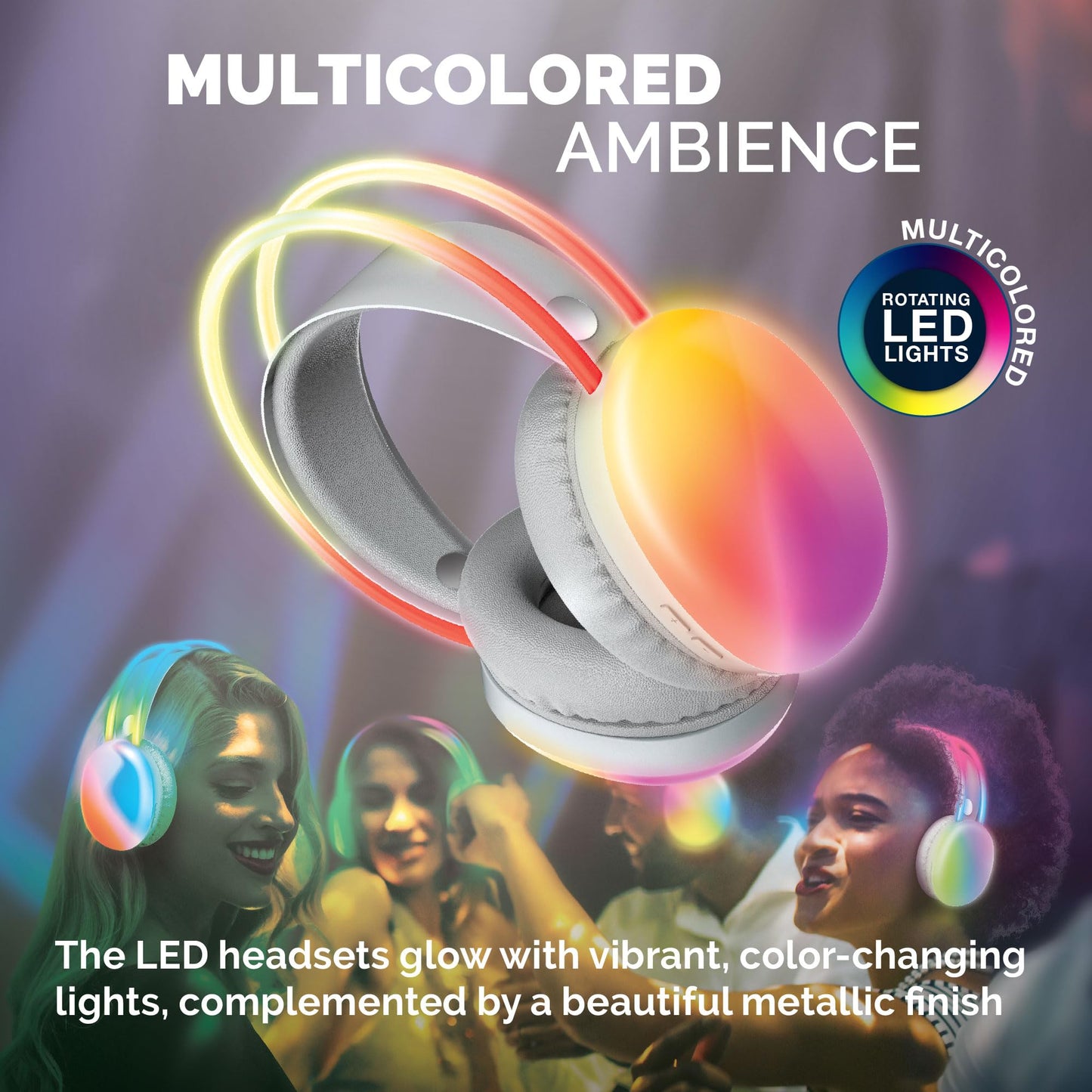 Brookstone Wireless Silent Disco Headphones, Multicolor LED Lights, Bluetooth 5.0, Up to 10 Hours of Playtime, 4 Pack