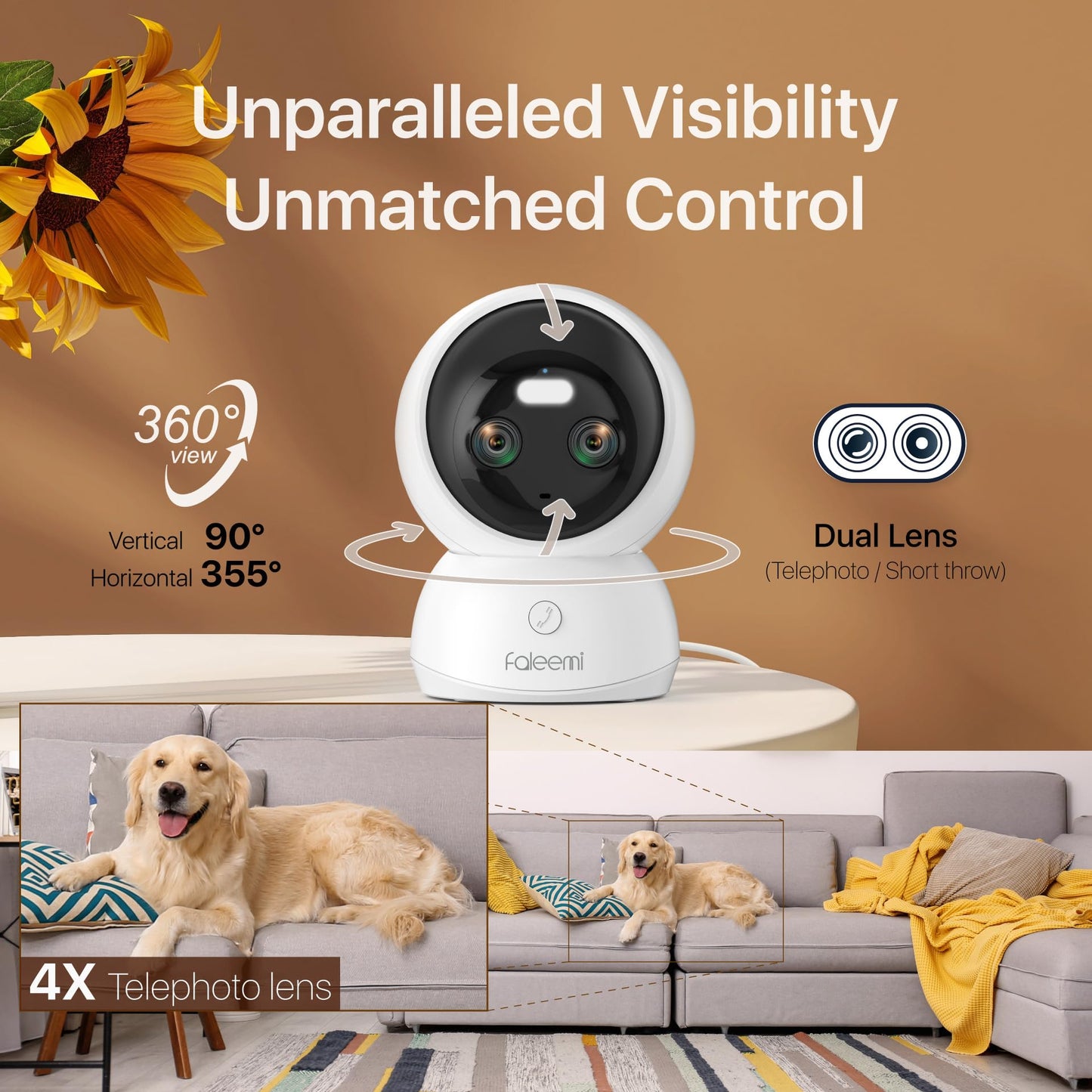 faleemi Dual Lens 2.4/5GHz WiFi Security Camera, 360° PTZ 2K Indoor Nanny Cams with Phone App, 2-Way Audio, Motion Tracking, Night Vision,