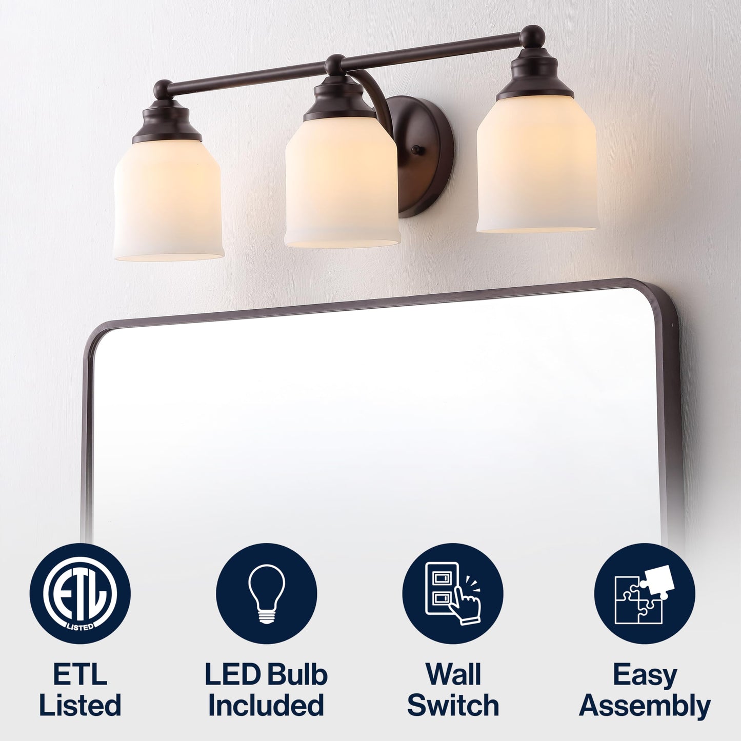 JONATHAN Y 24" Oil Rubbed Bronze/White Modern Farmhouse LED Vanity Light Wall Sconce Fixture, Frosted White Glass Shade, Dimmable Wall Lamp