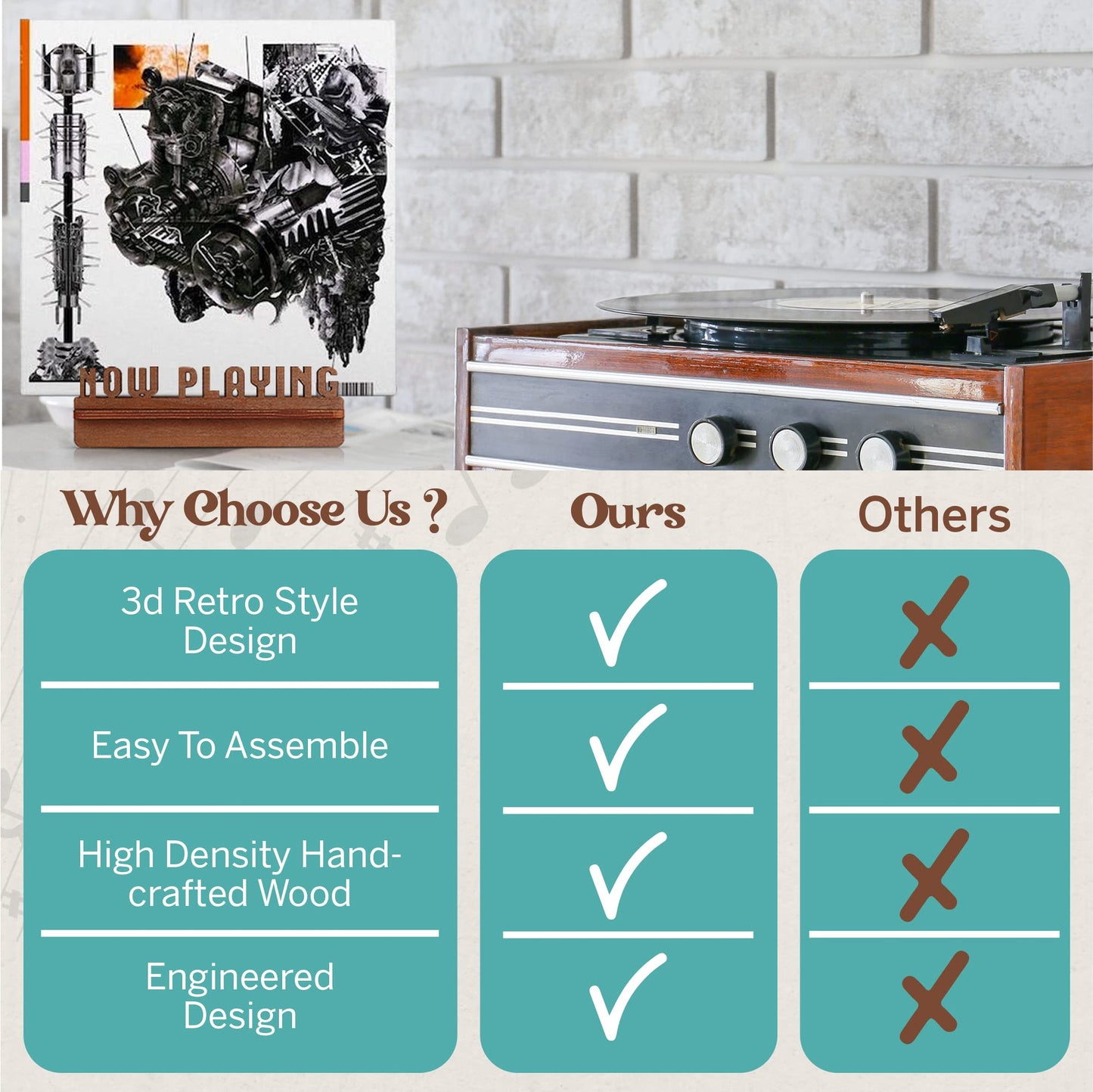 Aikyam Records Now Playing Vinyl Stand - 3D Retro Holder for LP Vinyl Records - Wooden Turntable Accessory - Gift Ideas - Album Display Stand