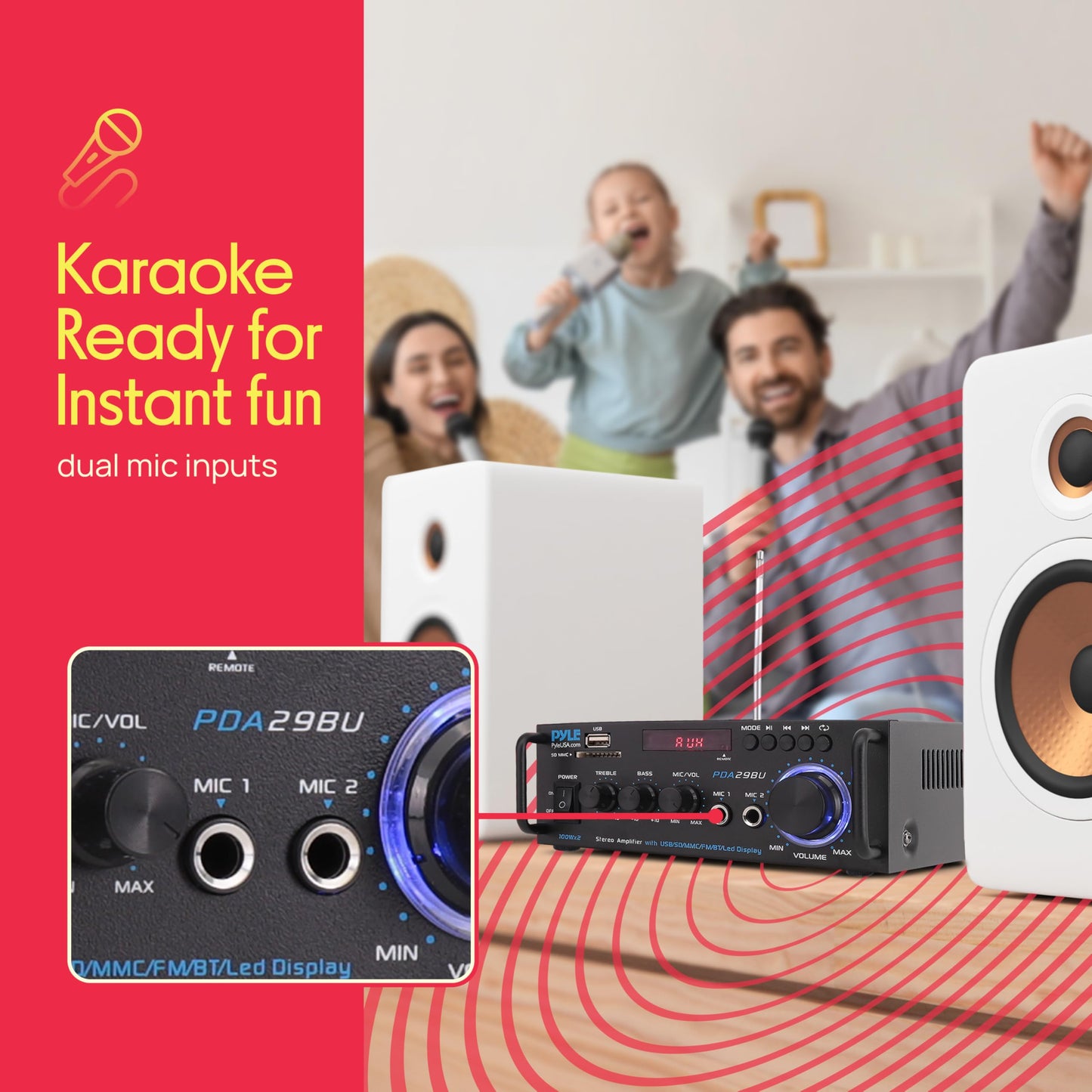 Pyle 200W Bluetooth Compact Power Amplifier - Wireless 2 Channel Audio Receiver with Dual Karaoke Mic Input - RCA - USB-A + SD Card MP3 Player - FM