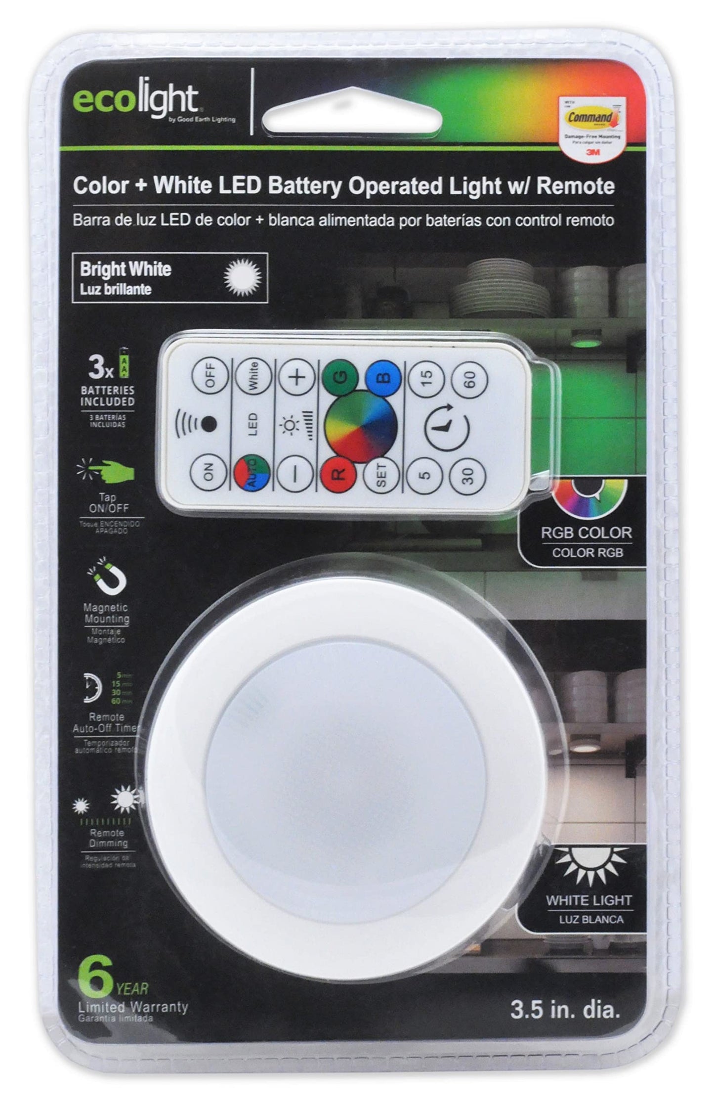 Ecolight 3.5in Battery-Operated LED Puck Light - White, RGB and 400K White, Magnetic, Tap on/Off, auto Timer with IR Remote