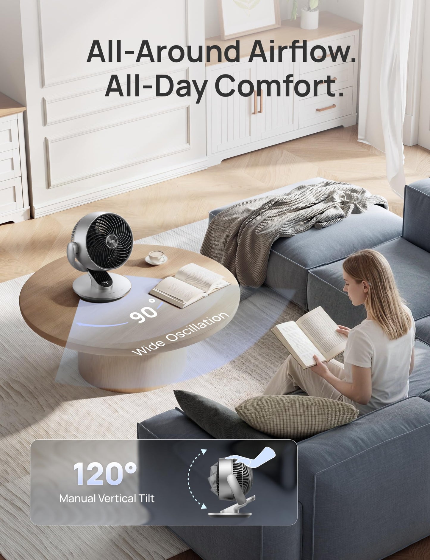 DREO Smart Fan for Bedroom,120° Vertical and 90° Oscillating Fan with Remote/Voice, 13 Inch Height Quiet Air Circulator for Whole Room, 70 ft, 4