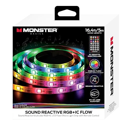 XTREME Monster 16.5ft Music Sync and Multi-Color Color Flow LED Light Strip with Fun Modes, Indoor Use, Easy Use