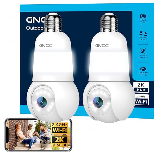 GNCC 2K Light Bulb Security Camera, 2.4GHz Only, 355° Wireless Outdoor Camera, Full-Color Night Vision, Motion Detection, Easy Install, Local & Cloud