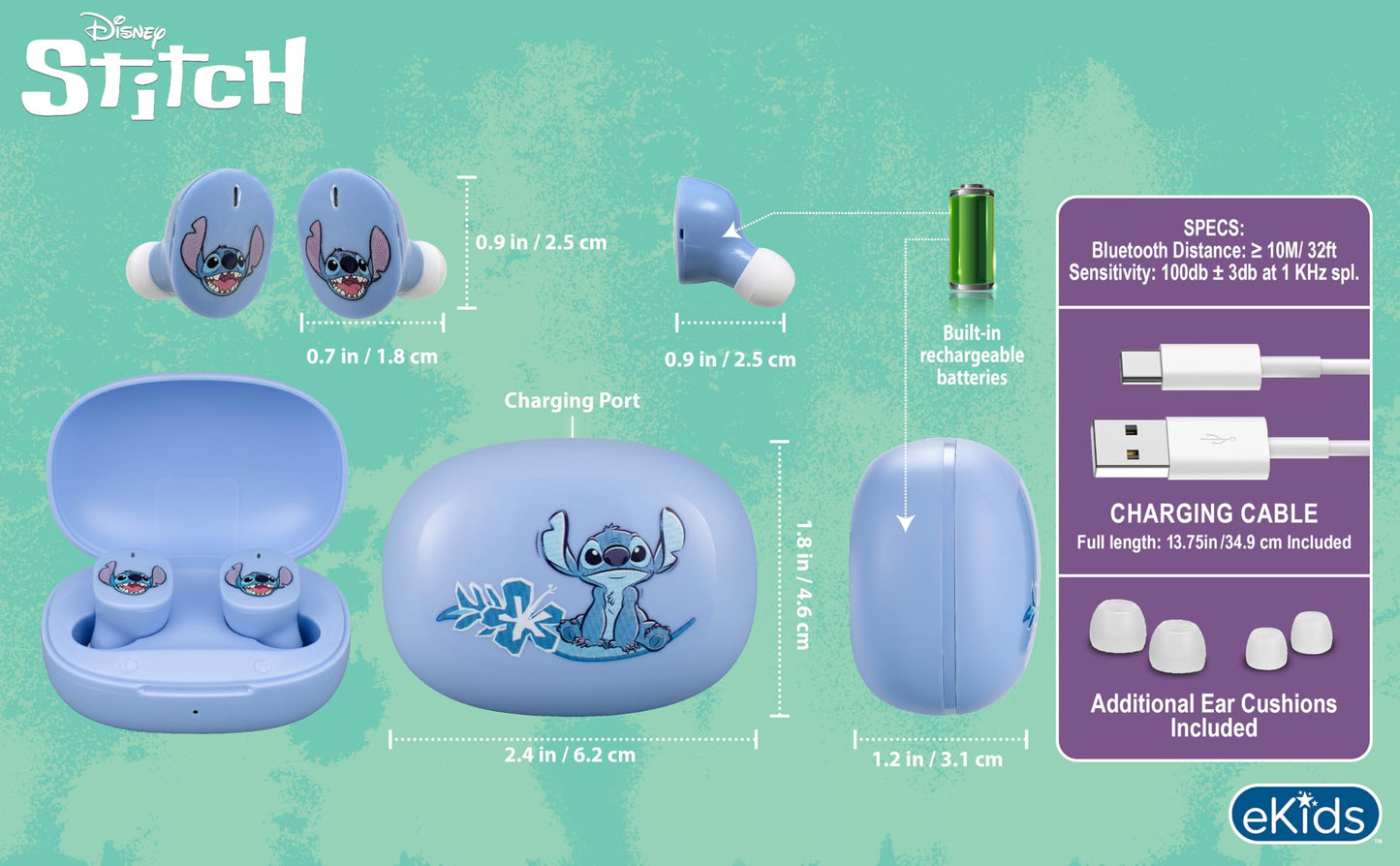 Disney Stitch Wireless Earbuds for Kids, Bluetooth Earbuds with Charging Case
