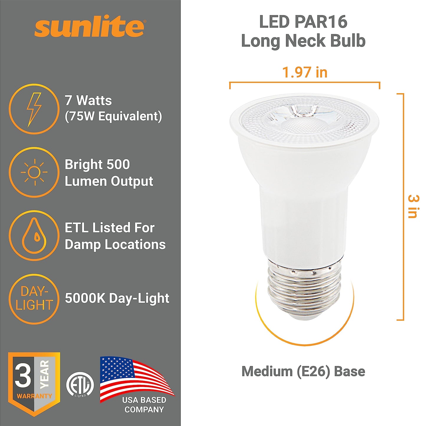 Sunlite 41568 LED PAR16 Long Neck Recessed Spotlight Bulb, 7 Watt, (75W Halogen Replacement), 500 Lumens, Medium (E26) Base, Dimmable, ETL Listed