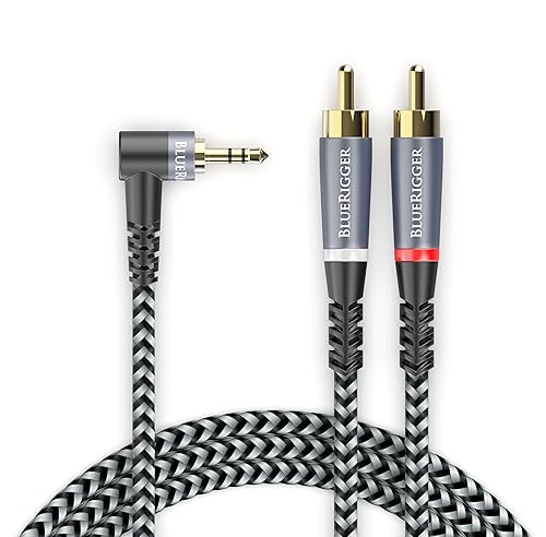 BlueRigger 3.5mm Aux to 2RCA Audio Cable (6FT, 90D Stereo Splitter Y 2RCA Male, Braided, 1/8" RightAngled TRS to RCA, Hi-Fi Sound, Metal Shell) -