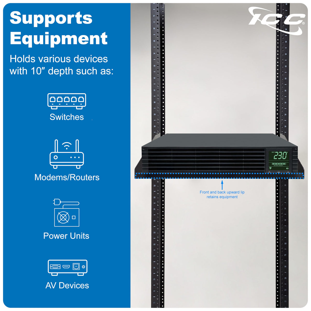 ICC 2U Solid Cantilever Rack Shelf, 10-Inch Deep, Black