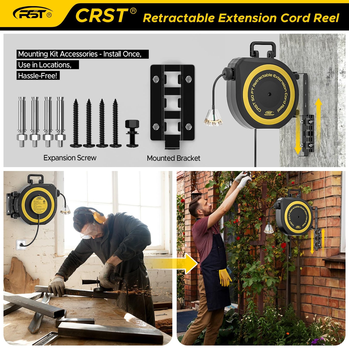 CRST 50 FT Retractable Extension Cord Reel, 14AWG/3C SJTOW Heavy Duty Power Cord with 3 Grounded Outlets Lighted Triple Tap, 13A Circuit Breaker, 180°